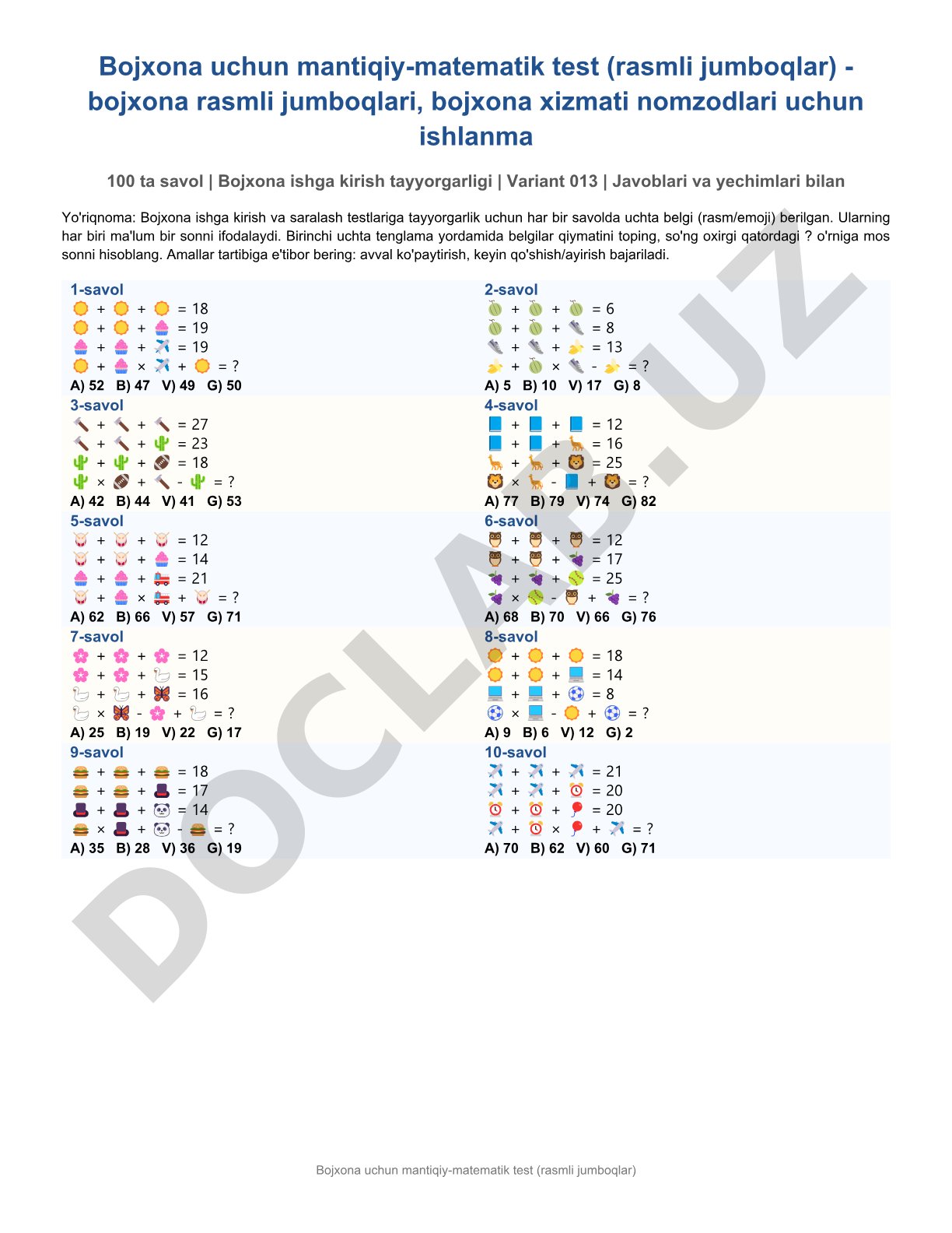 Bojxona uchun mantiqiy-matematik test (rasmli jumboqlar)