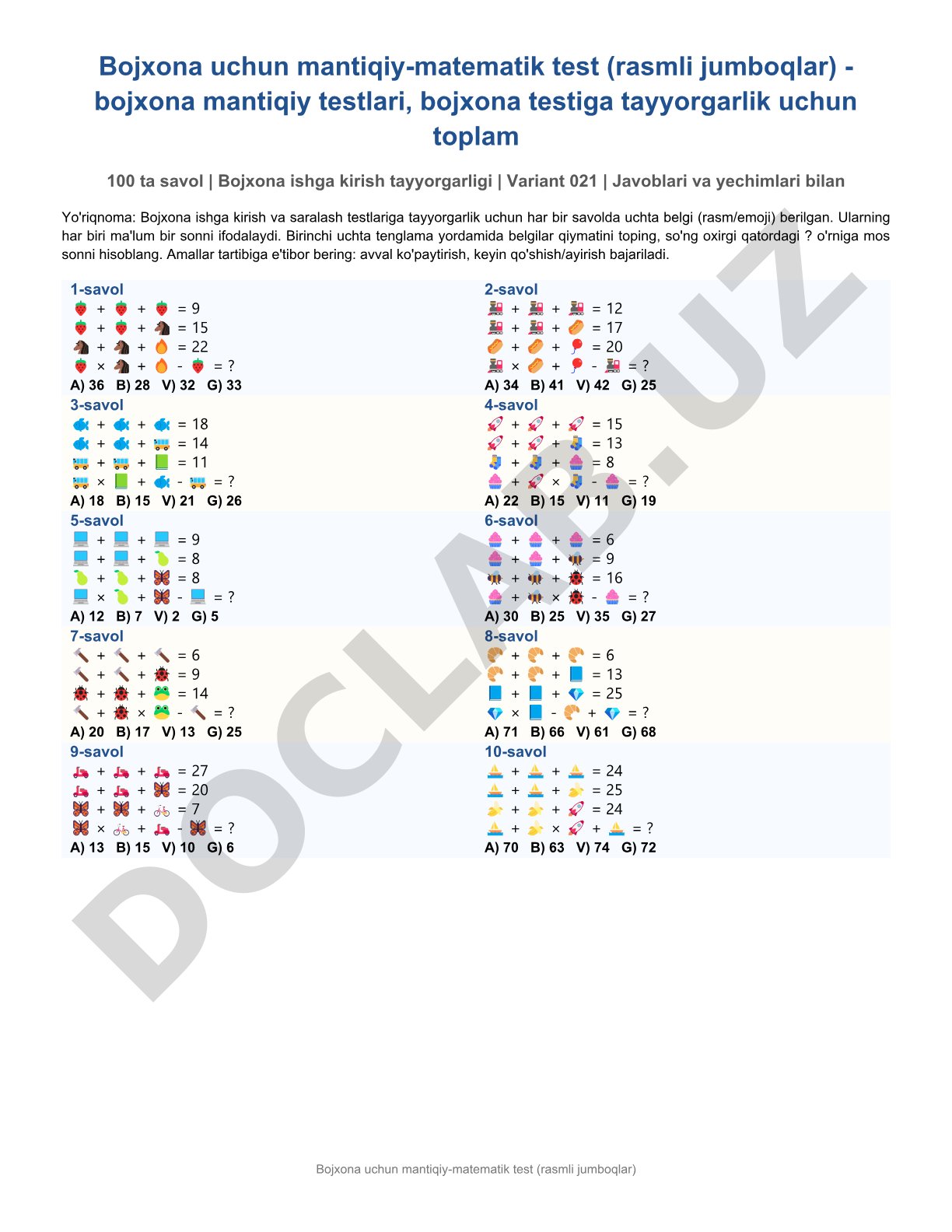 Bojxona uchun mantiqiy-matematik test (rasmli jumboqlar)