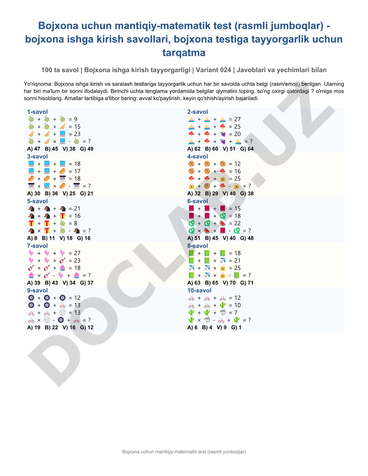 Bojxona uchun mantiqiy-matematik test (rasmli jumboqlar)