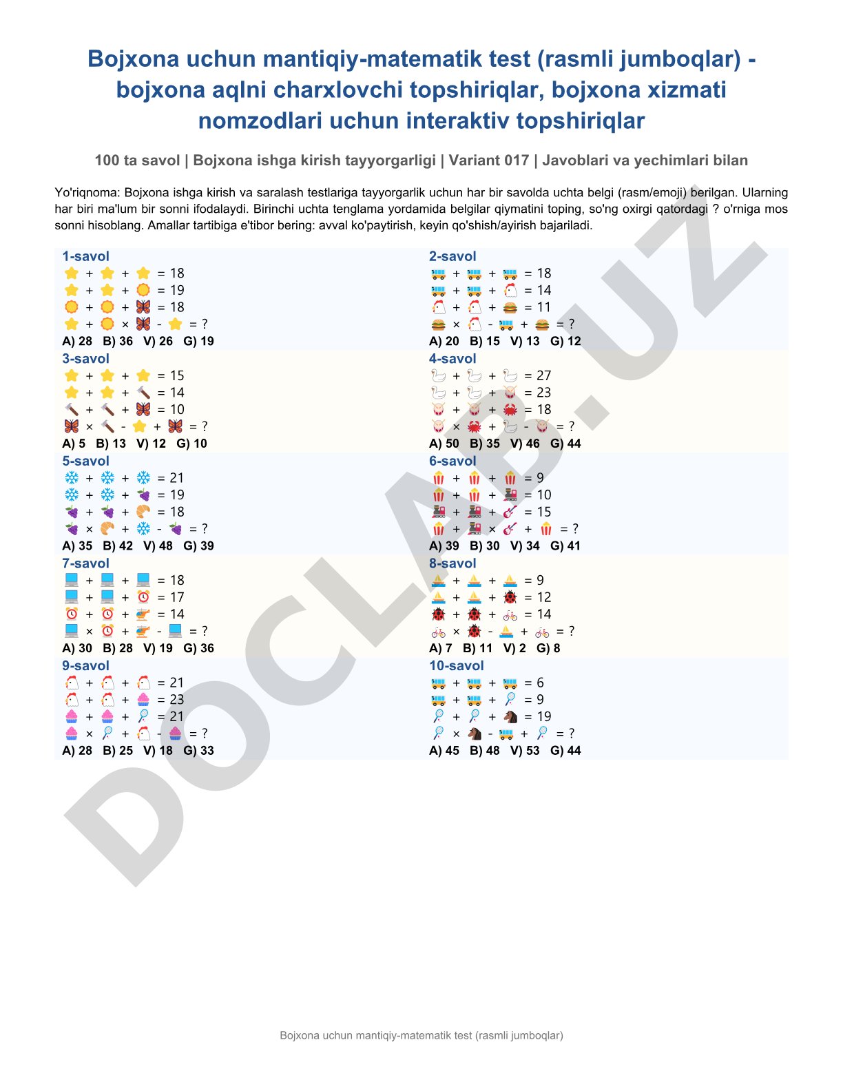 Bojxona uchun mantiqiy-matematik test (rasmli jumboqlar)