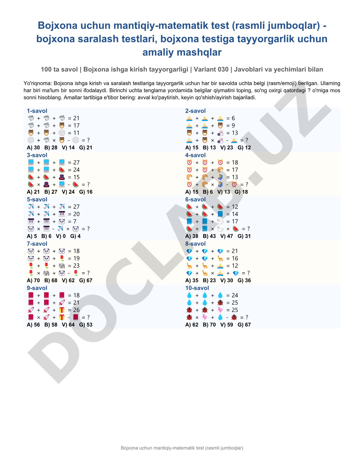 Bojxona uchun mantiqiy-matematik test (rasmli jumboqlar)