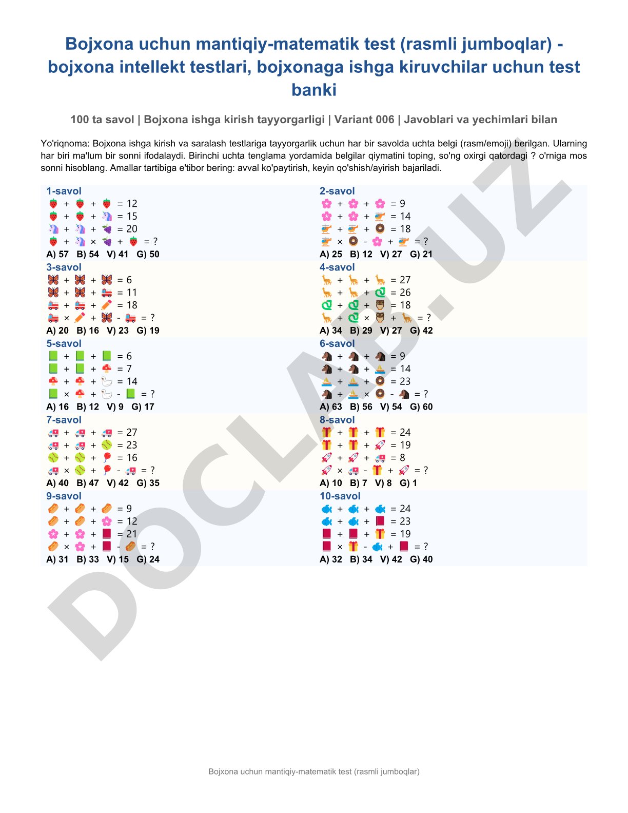 Bojxona uchun mantiqiy-matematik test (rasmli jumboqlar)