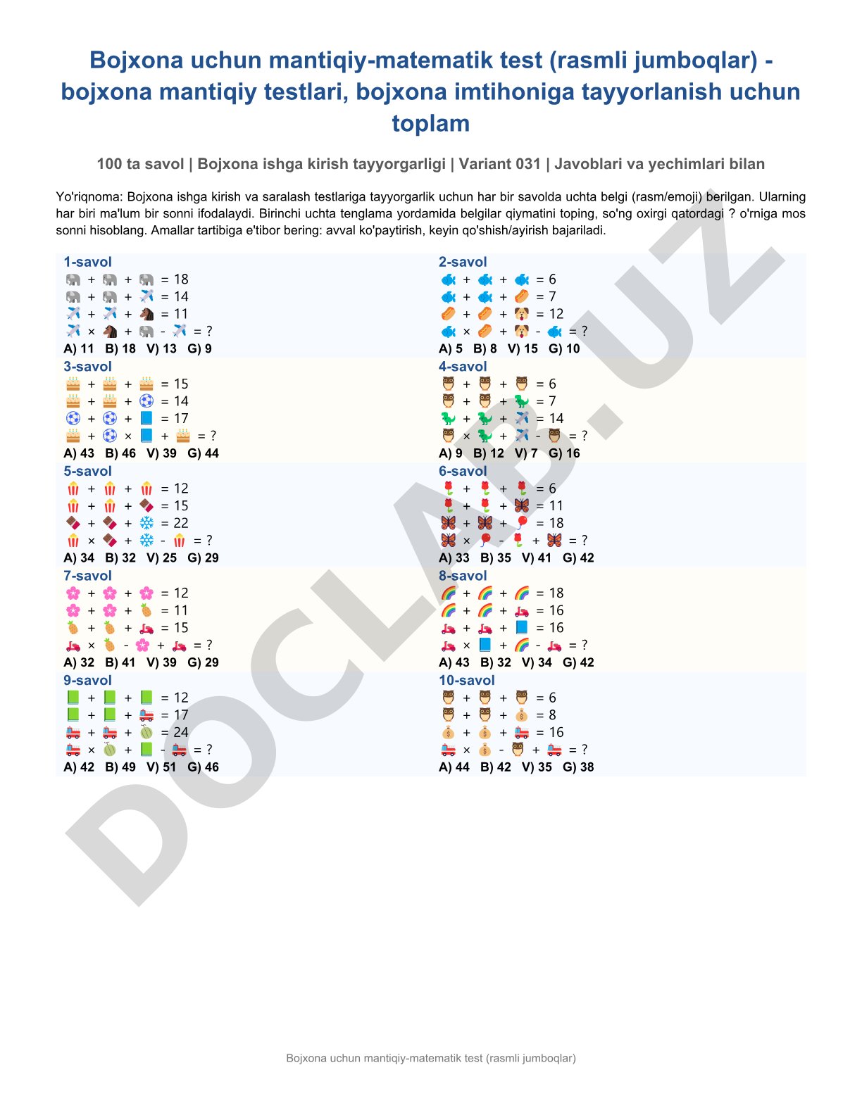 Bojxona uchun mantiqiy-matematik test (rasmli jumboqlar)