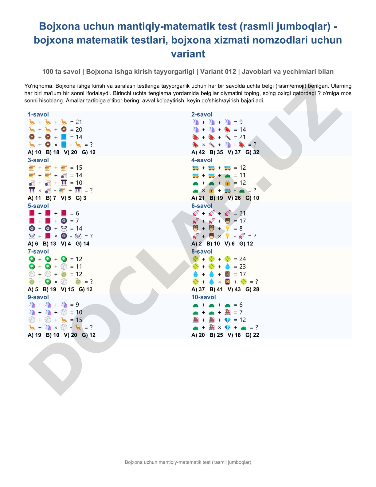 Bojxona uchun mantiqiy-matematik test (rasmli jumboqlar)