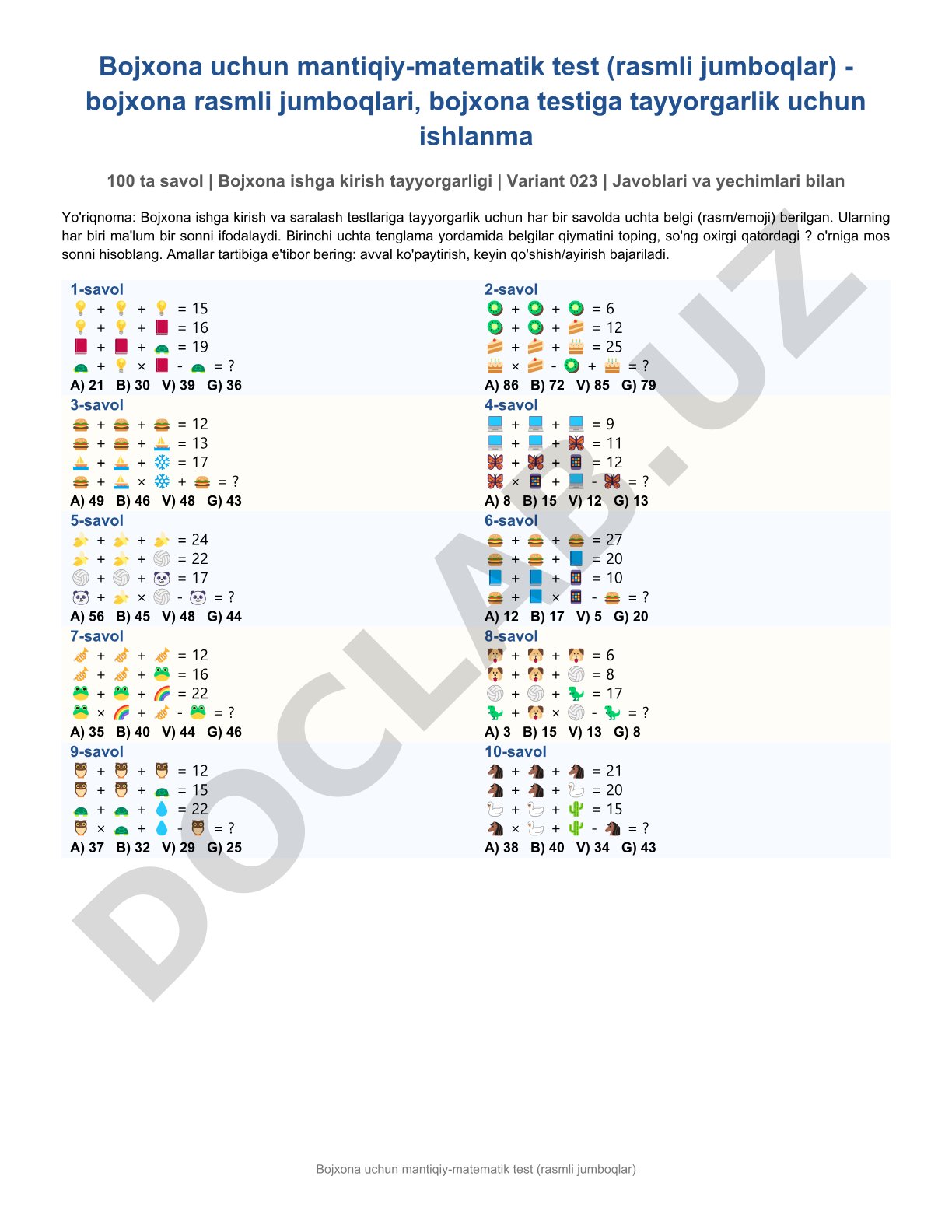 Bojxona uchun mantiqiy-matematik test (rasmli jumboqlar)
