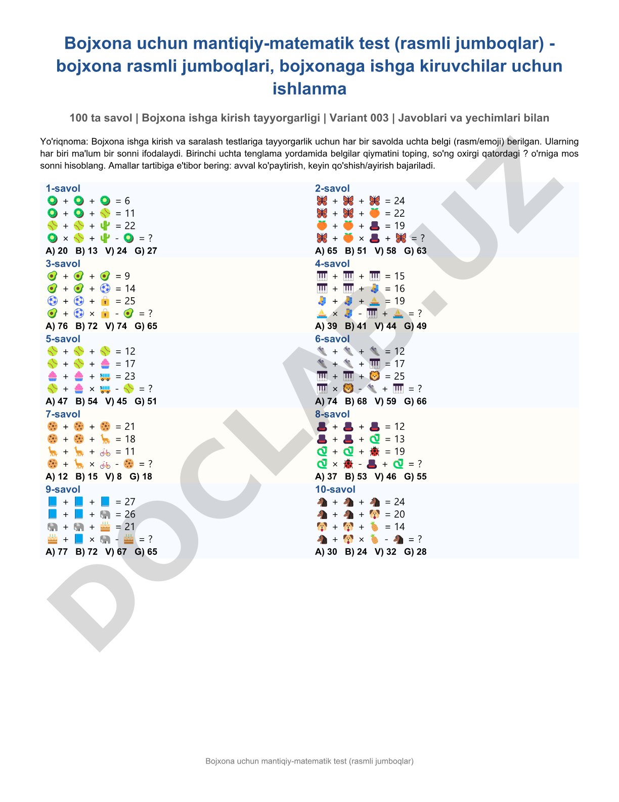 Bojxona uchun mantiqiy-matematik test (rasmli jumboqlar)