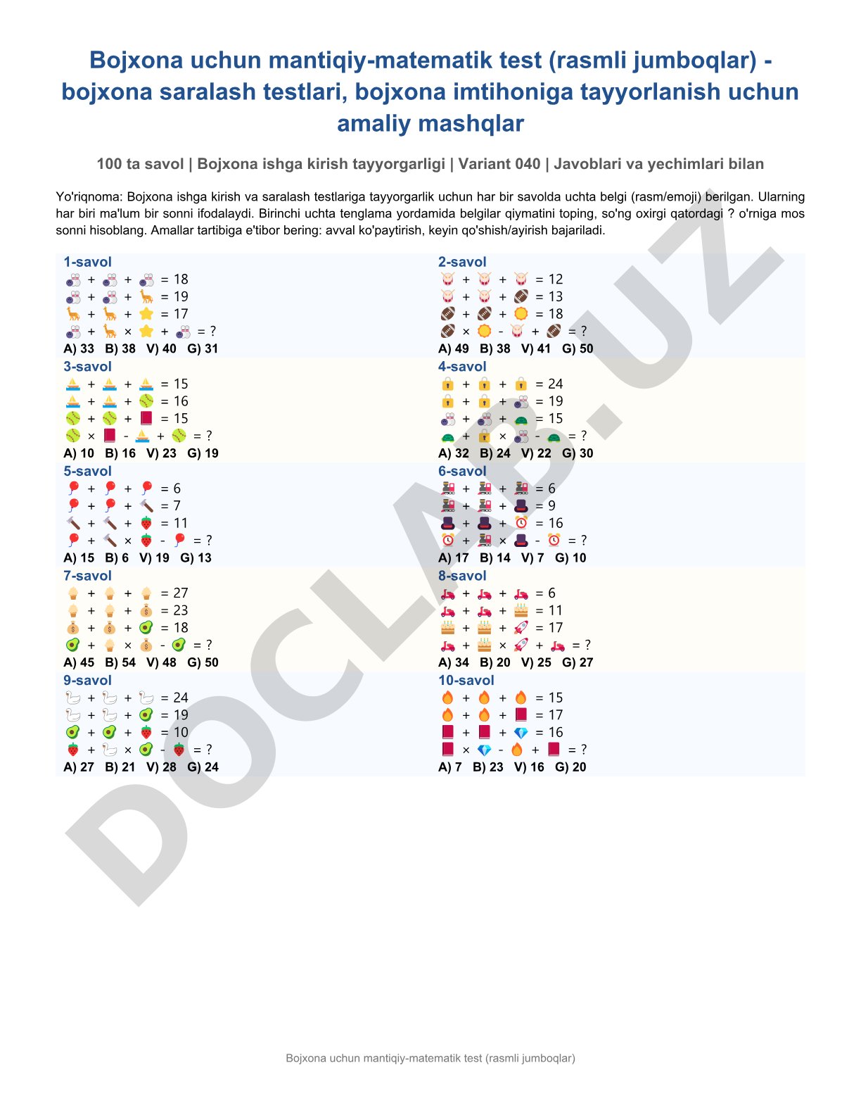 Bojxona uchun mantiqiy-matematik test (rasmli jumboqlar)