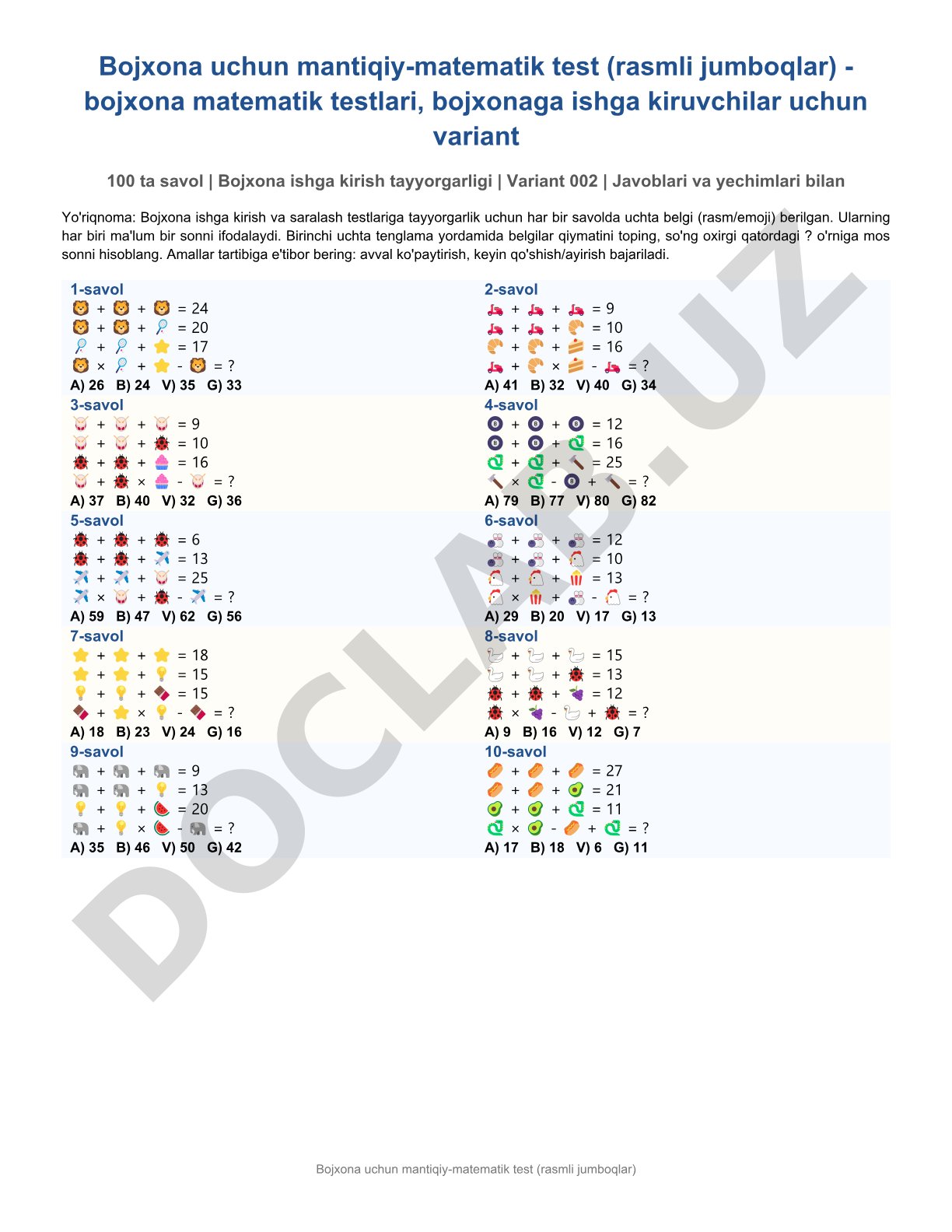 Bojxona uchun mantiqiy-matematik test (rasmli jumboqlar)