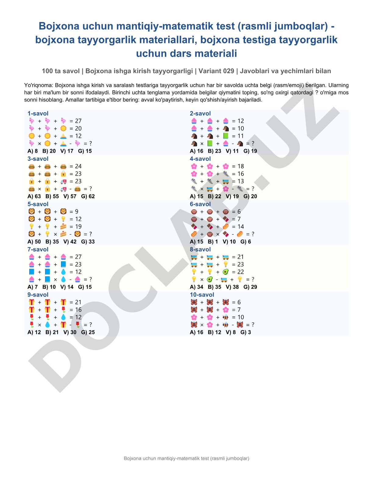 Bojxona uchun mantiqiy-matematik test (rasmli jumboqlar)