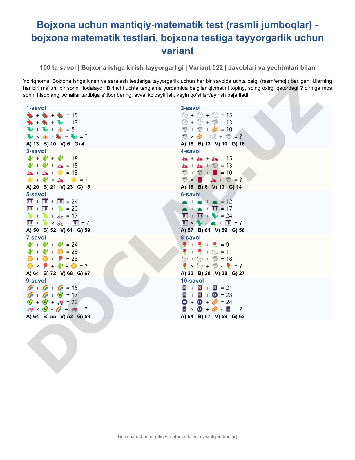 Bojxona uchun mantiqiy-matematik test (rasmli jumboqlar)
