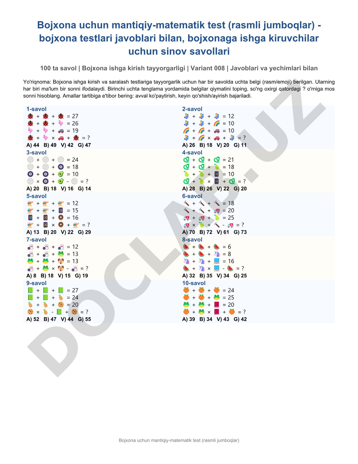 Bojxona uchun mantiqiy-matematik test (rasmli jumboqlar)