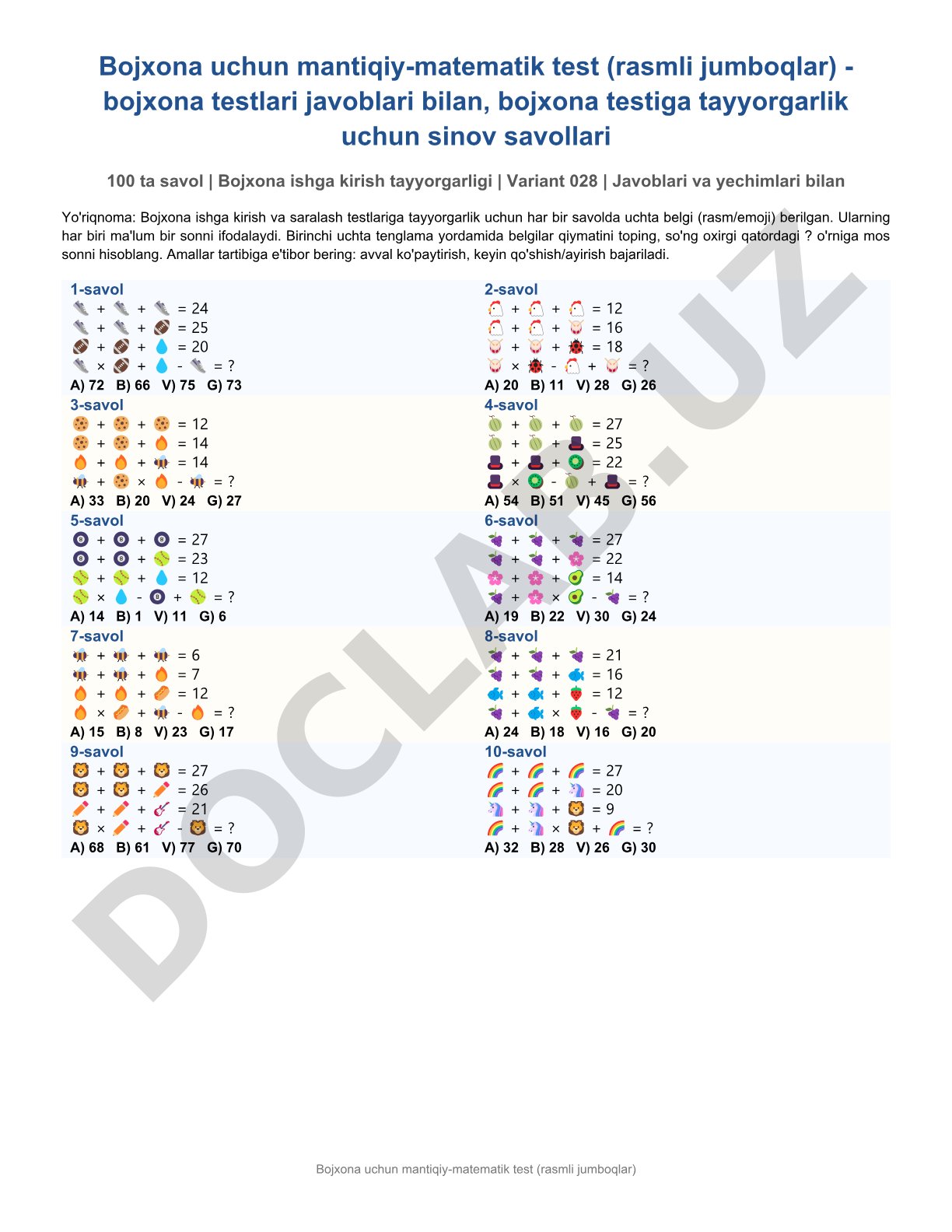 Bojxona uchun mantiqiy-matematik test (rasmli jumboqlar)