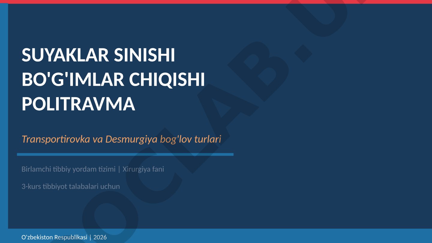 Suyaklar sinishi, bo'g'imlar chiqishi, politravma va transportirovka