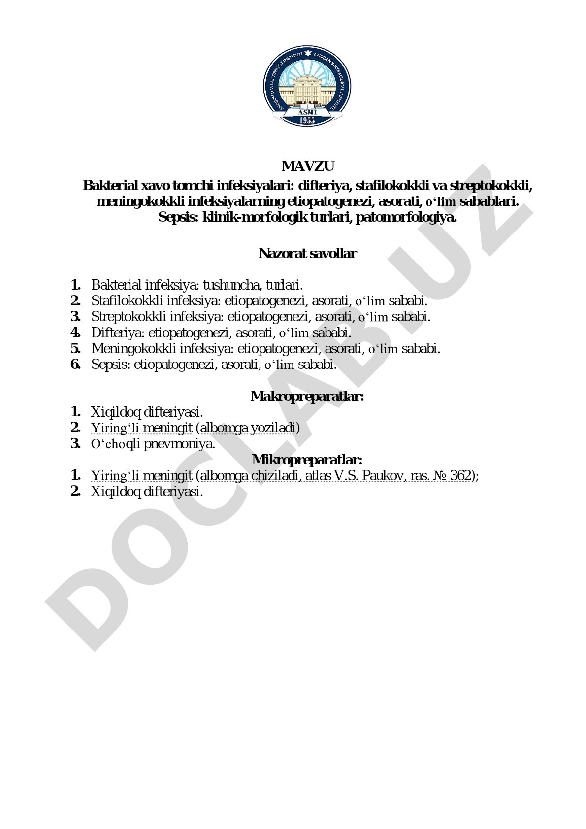 Bakterial xavo tomchi infeksiyalari: difteriya, stafilokokkli, streptokokkli, meningokokkli va sepsis