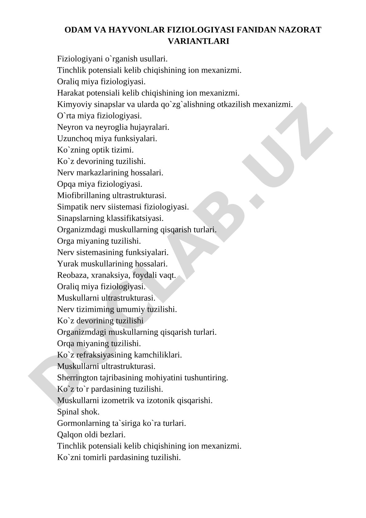 Odam va hayvonlar fiziologiyasi fanidan nazorat variantlari