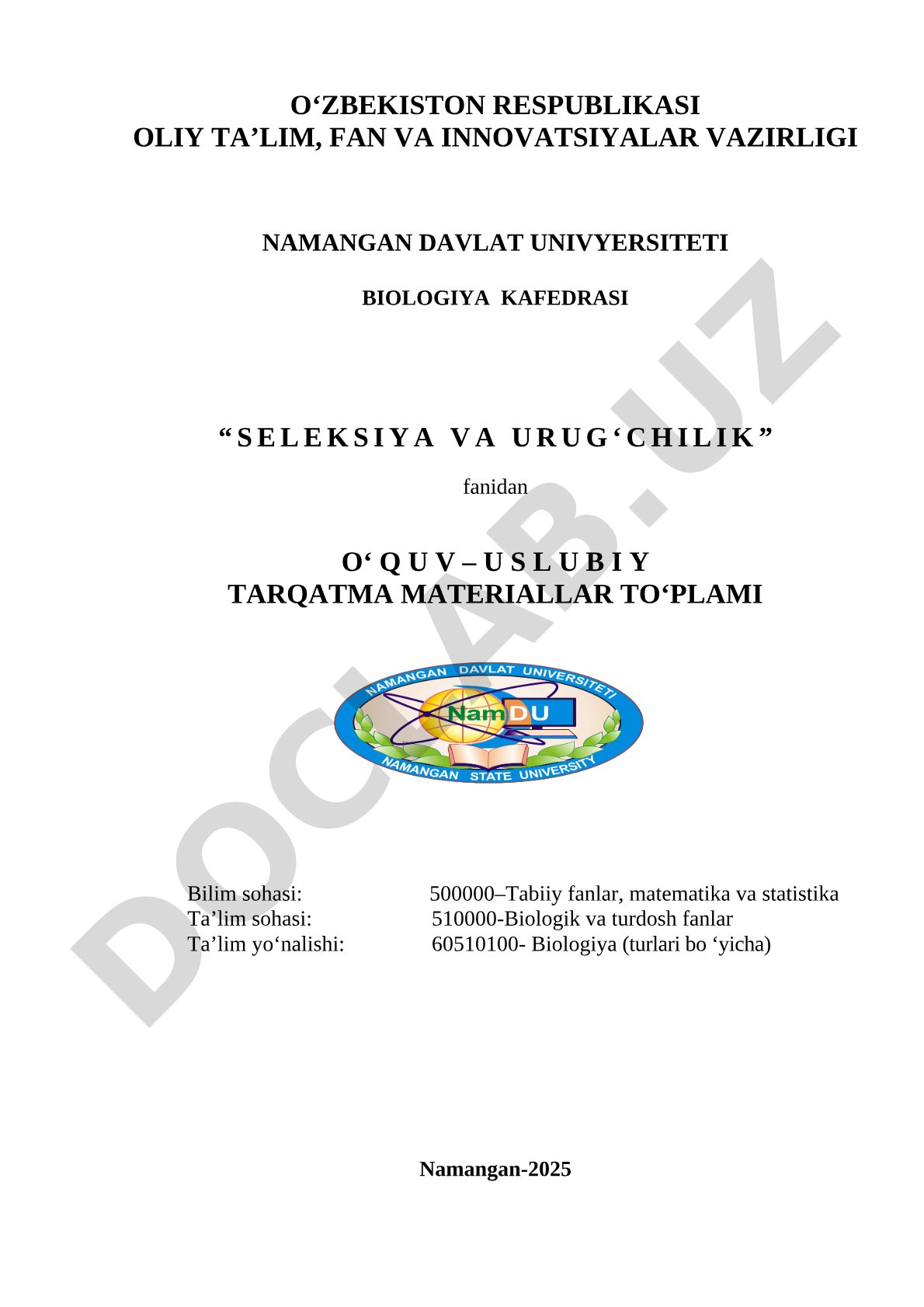 Seleksiya va urug'chilik fanidan amaliy mashg'ulotlar to'plami
