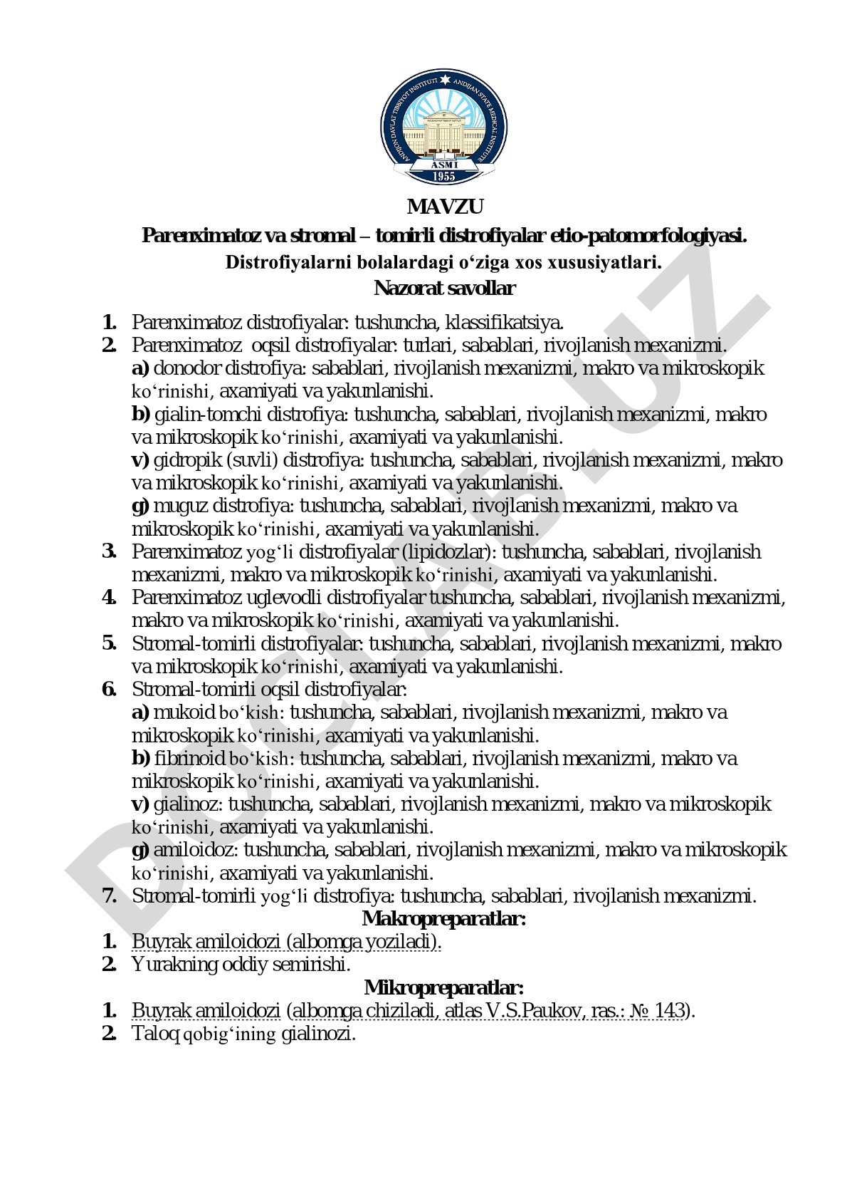 Parenximatoz va stromal – tomirli distrofiyalar etio-patomorfologiyasi