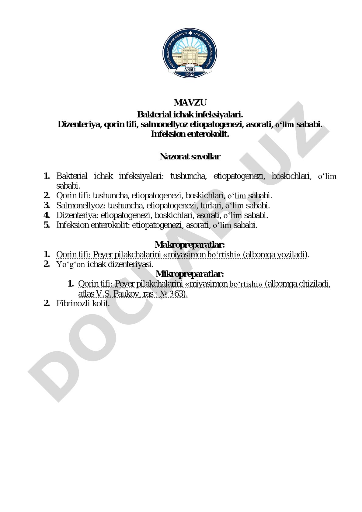 Bakterial ichak infeksiyalari: dizenteriya, qorin tifi, salmonellyoz etiopatogenezi va asoratlari