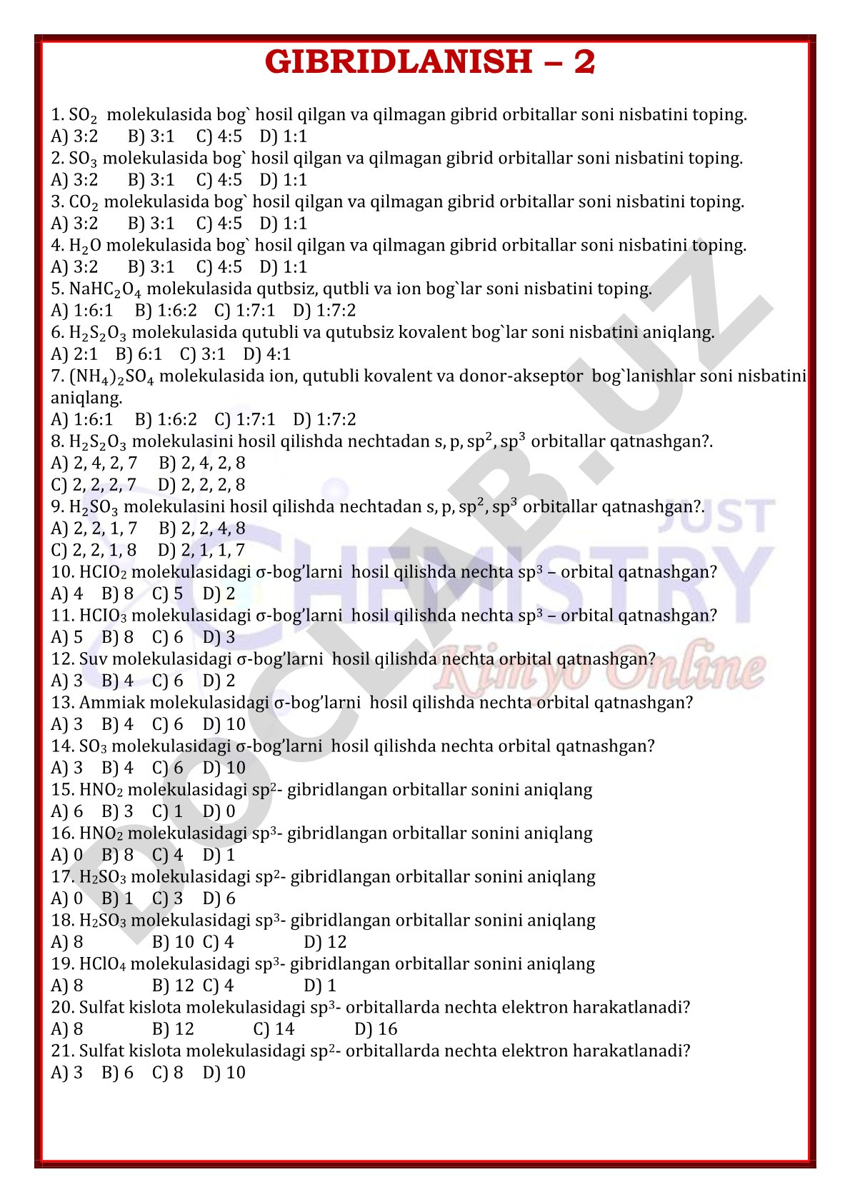 Gibridlanish va kimyoviy bog'lanishlar bo'yicha test savollari
