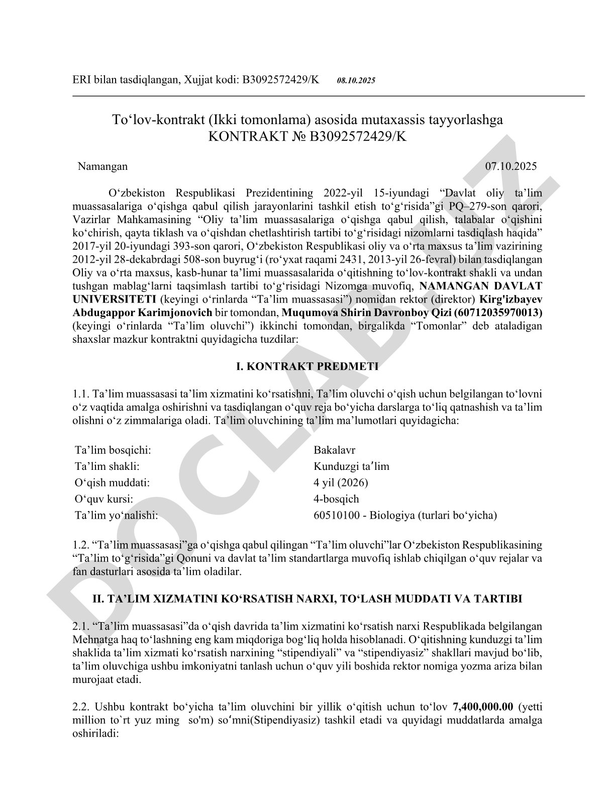To‘lov-kontrakt asosida mutaxassis tayyorlash