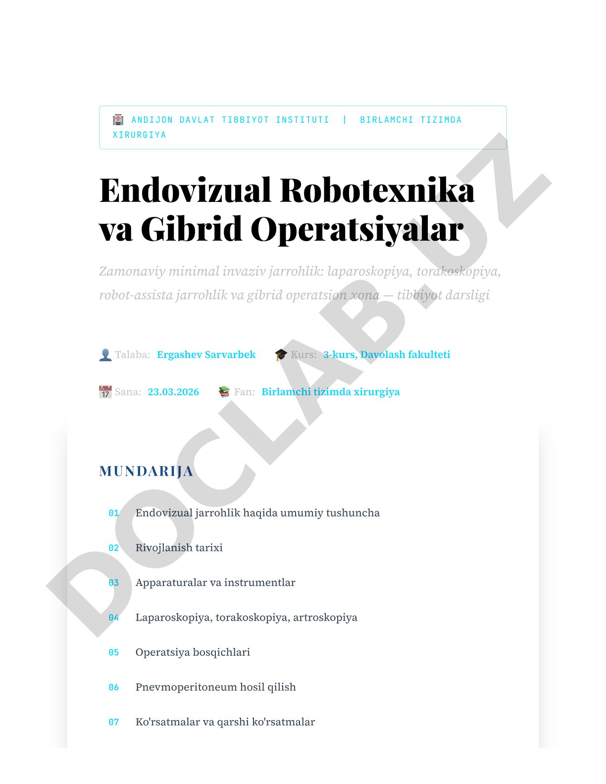 Endovizual Robotexnika va Gibrid Operatsiyalar