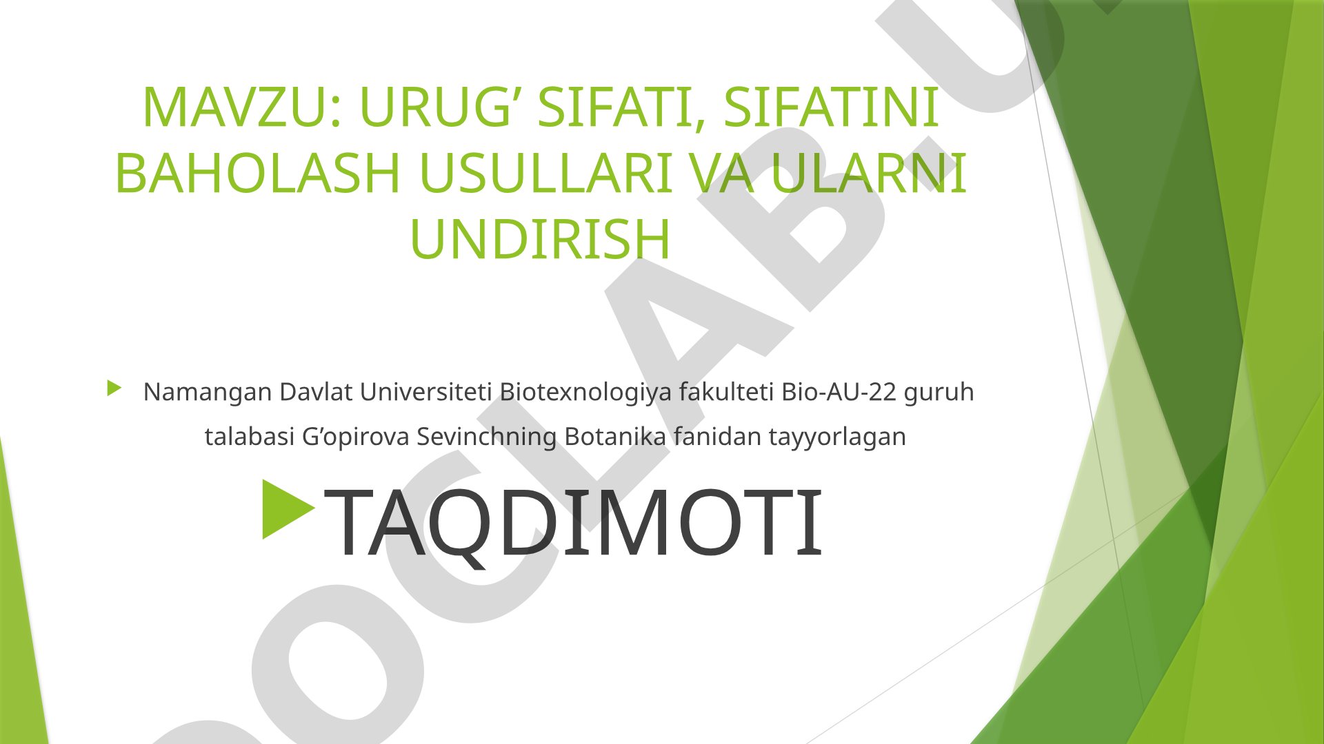 URUG’ SIFATI, SIFATINI BAHOLASH USULLARI VA ULARNI UNDIRISH
