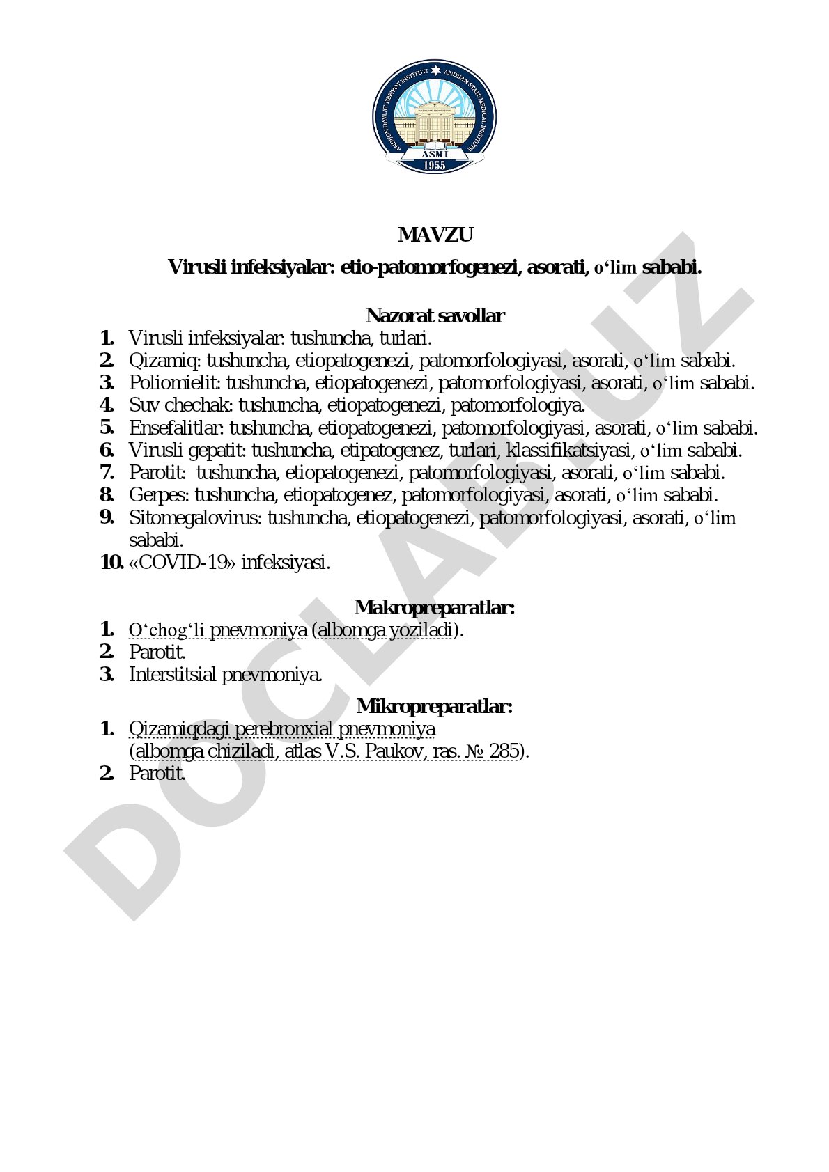 Virusli infeksiyalar: etio-patomorfogenezi, asorati, o‘lim sababi