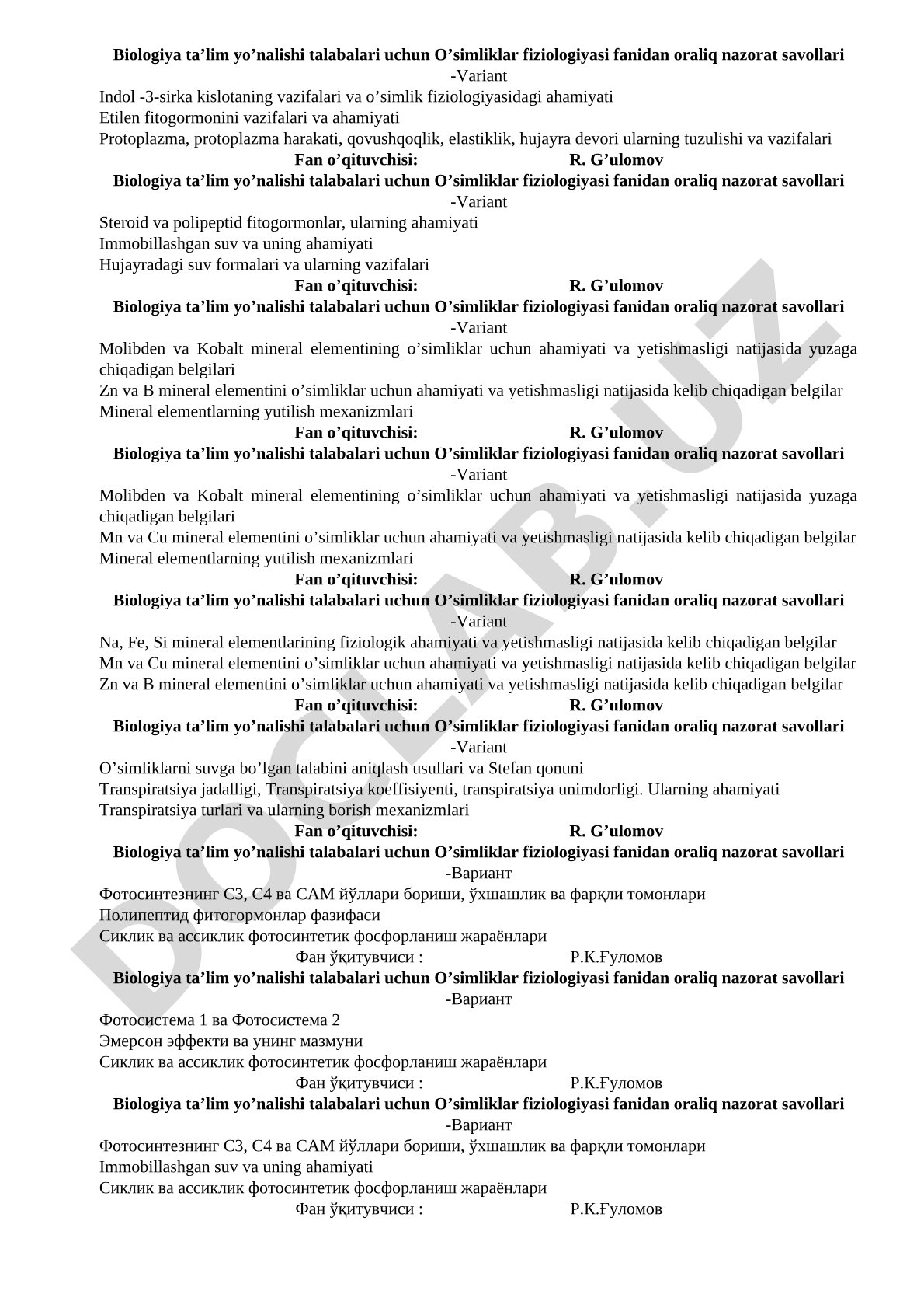 O'simliklar fiziologiyasi fanidan oraliq nazorat savollari