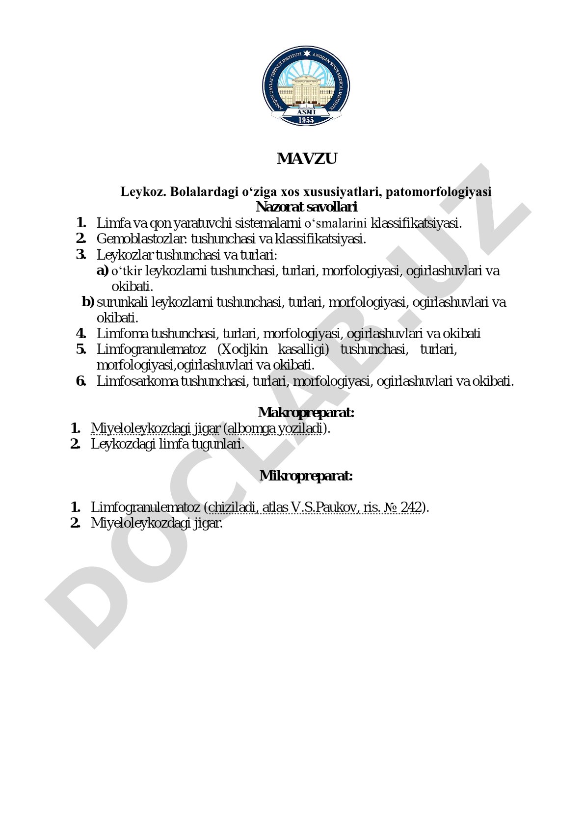 Leykoz. Bolalardagi o‘ziga xos xususiyatlari, patomorfologiyasi