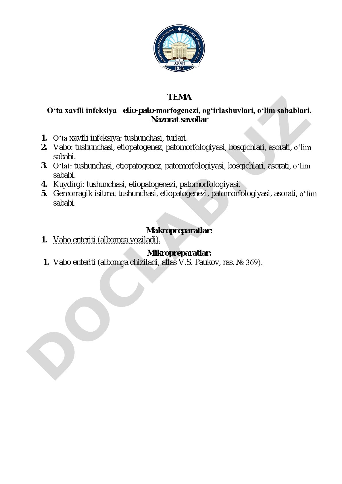 O‘ta xavfli infeksiya– etio-pato-morfogenezi, og‘irlashuvlari, o‘lim sabablari