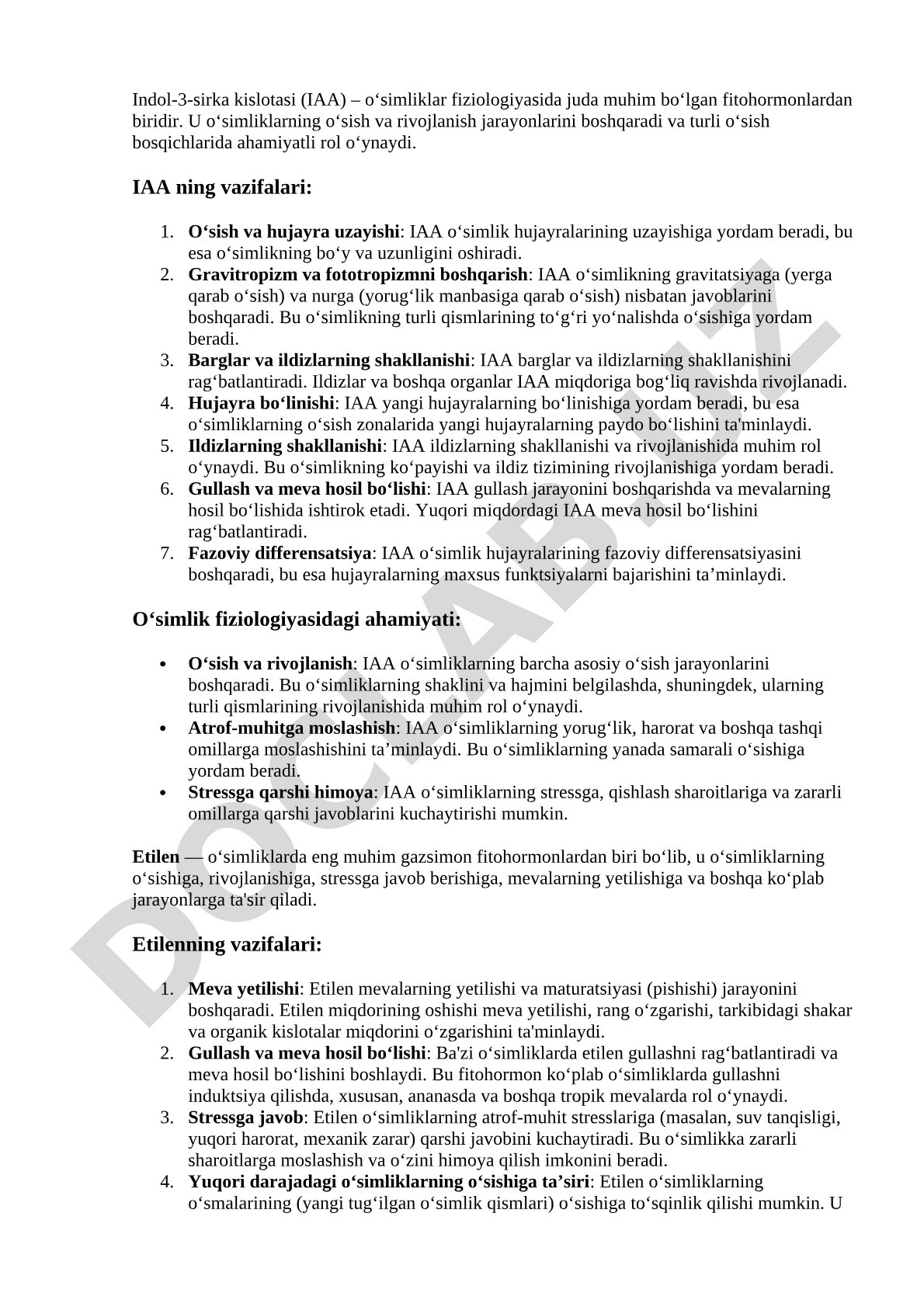 Indol-3-sirka kislotasi (IAA) o'simliklar fiziologiyasidagi ahamiyati