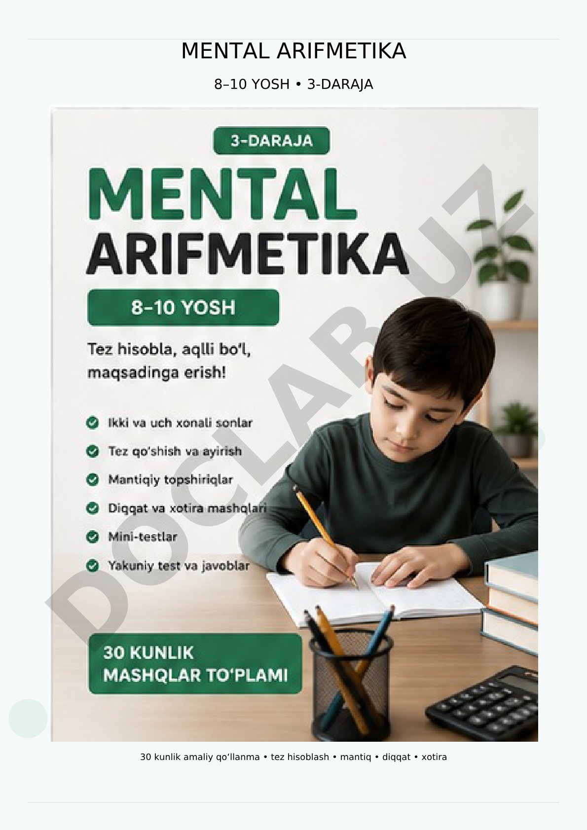 Mental arifmetika 8-10 yosh 3-daraja 30 kunlik amaliy qo‘llanma
