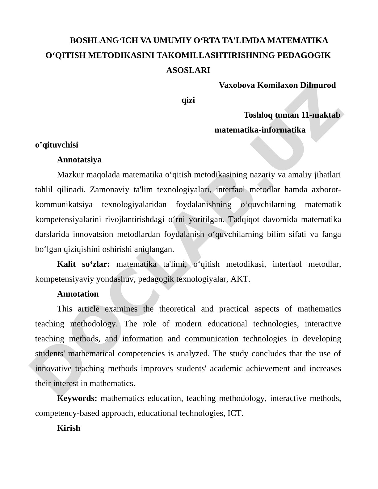 Boshlang‘ich va umumiy o‘rta ta'limda matematika o‘qitish metodikasini takomillashtirishning pedagogik asoslari