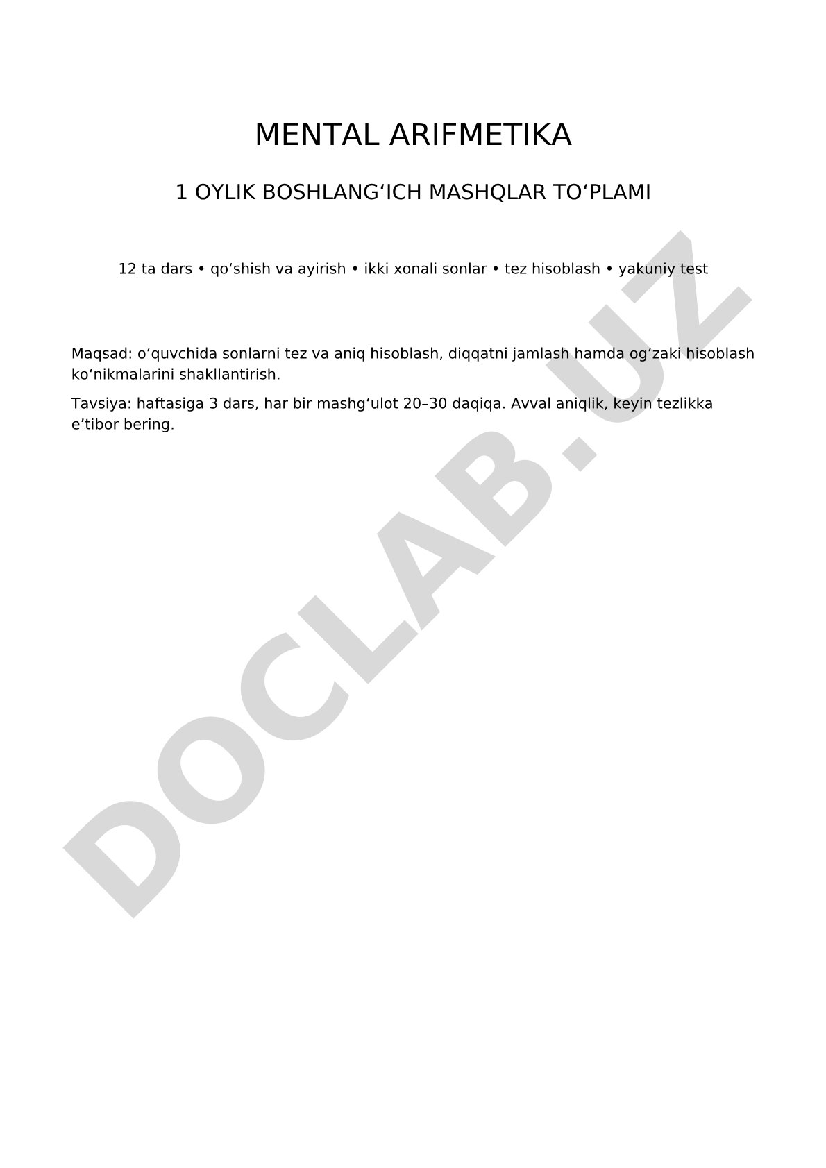 Mental arifmetika 1 oylik boshlang'ich mashqlar to'plami