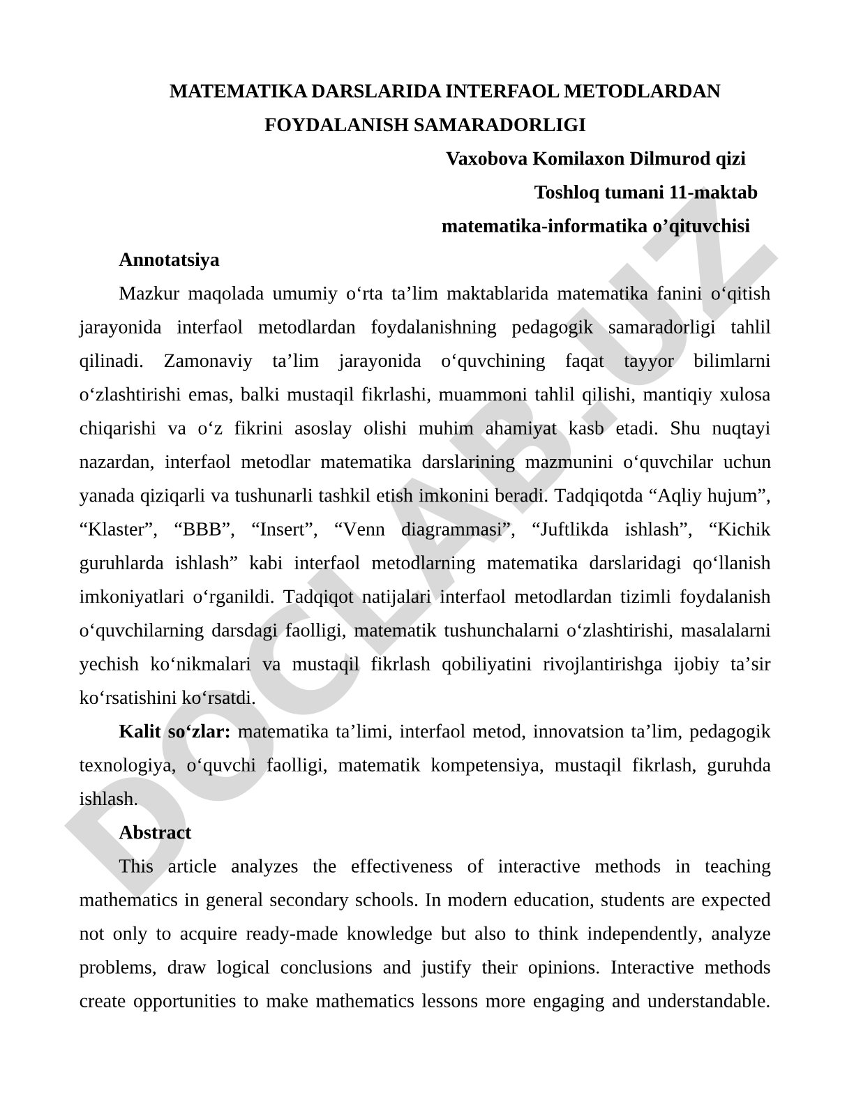 Matematika darslarida interfaol metodlardan foydalanish samaradorligi