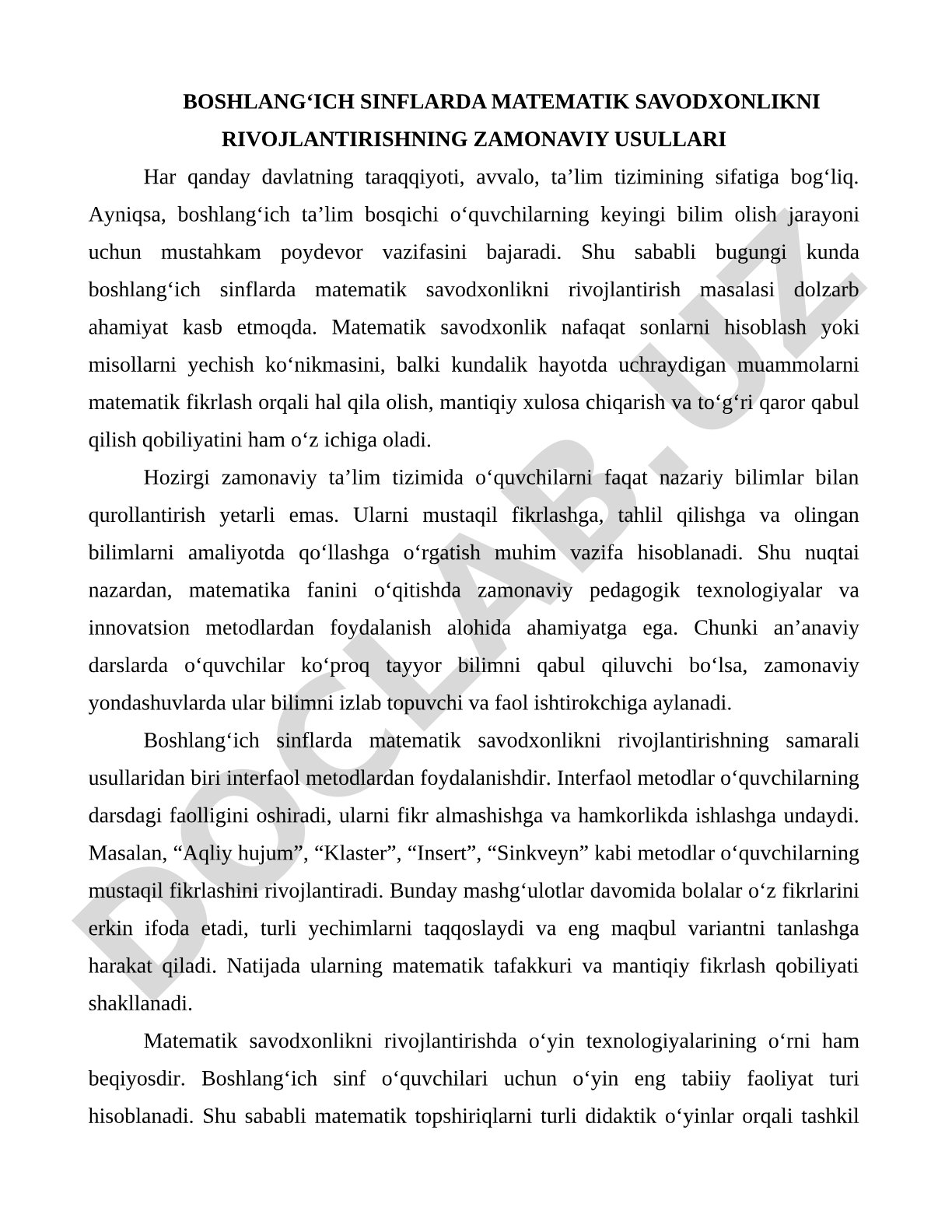 Boshlang'ich sinflarda matematik savodxonlikni rivojlantirishning zamonaviy usullari