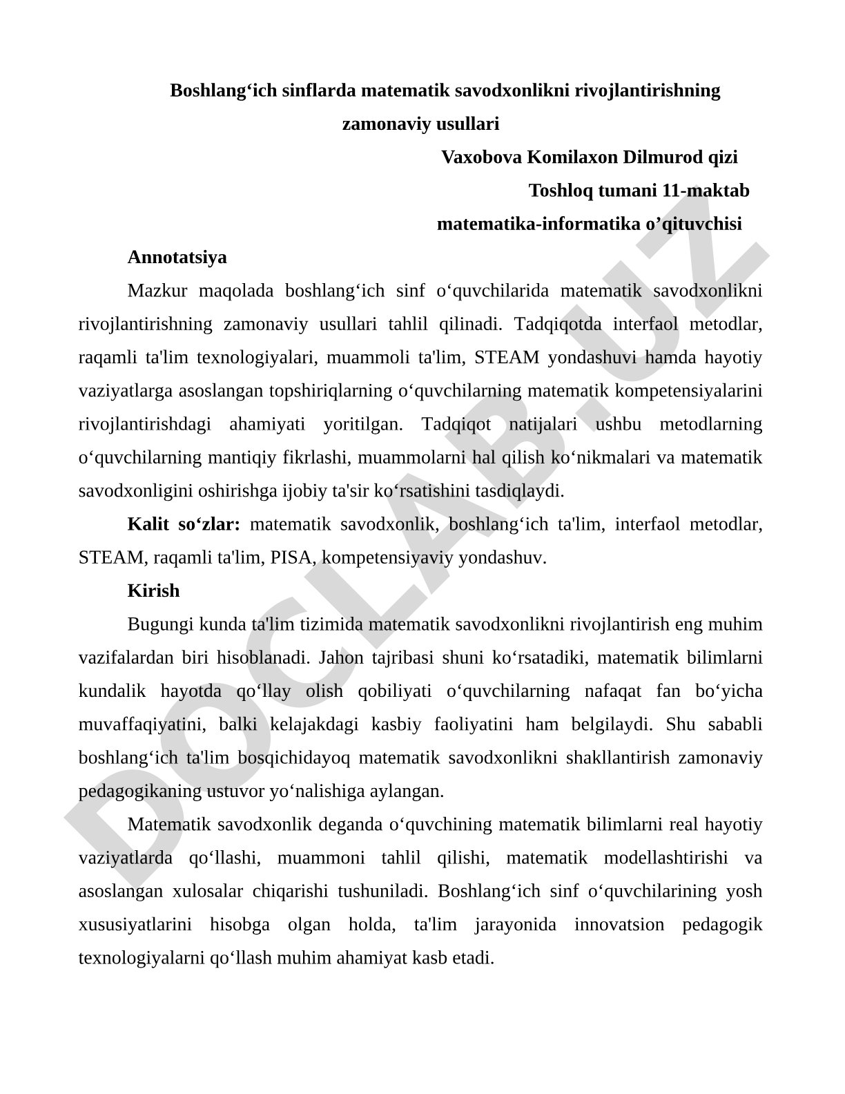 Boshlang‘ich sinflarda matematik savodxonlikni rivojlantirishning zamonaviy usullari
