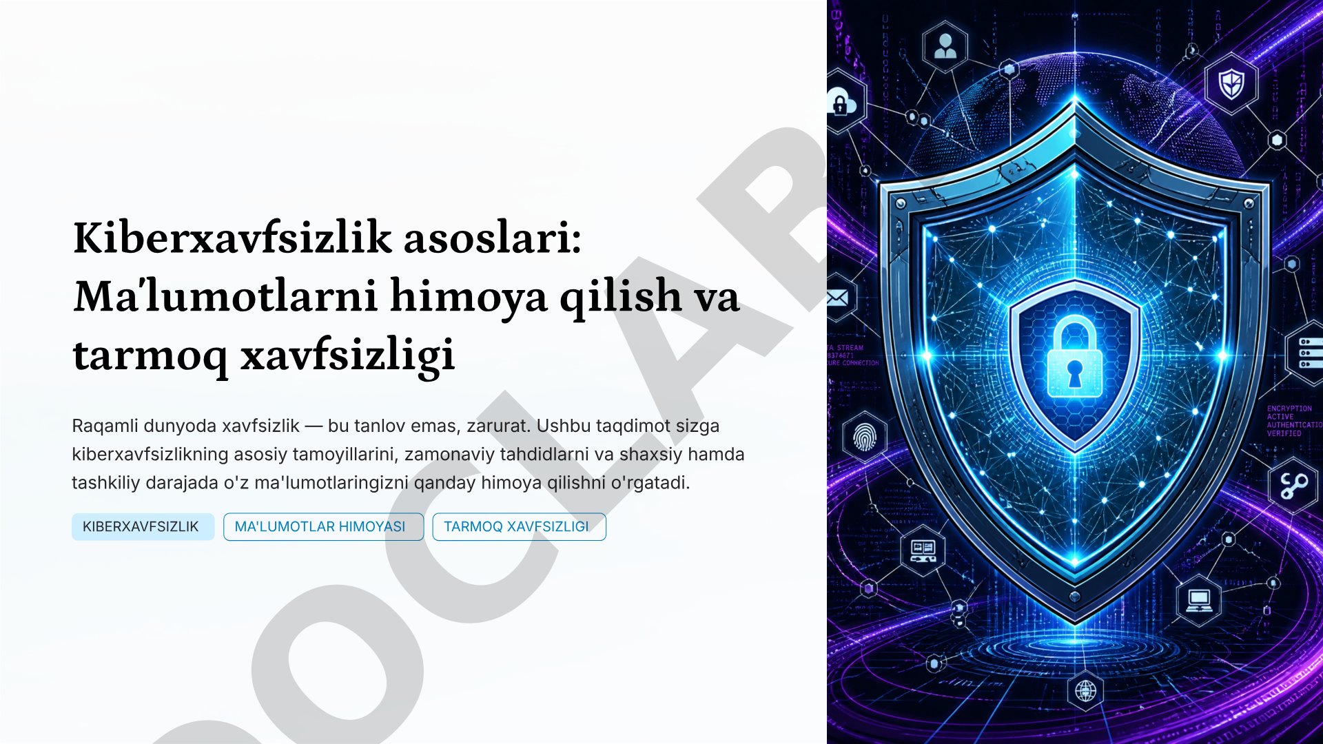 Kiberxavfsizlik asoslari: Ma'lumotlarni himoya qilish va tarmoq xavfsizligi