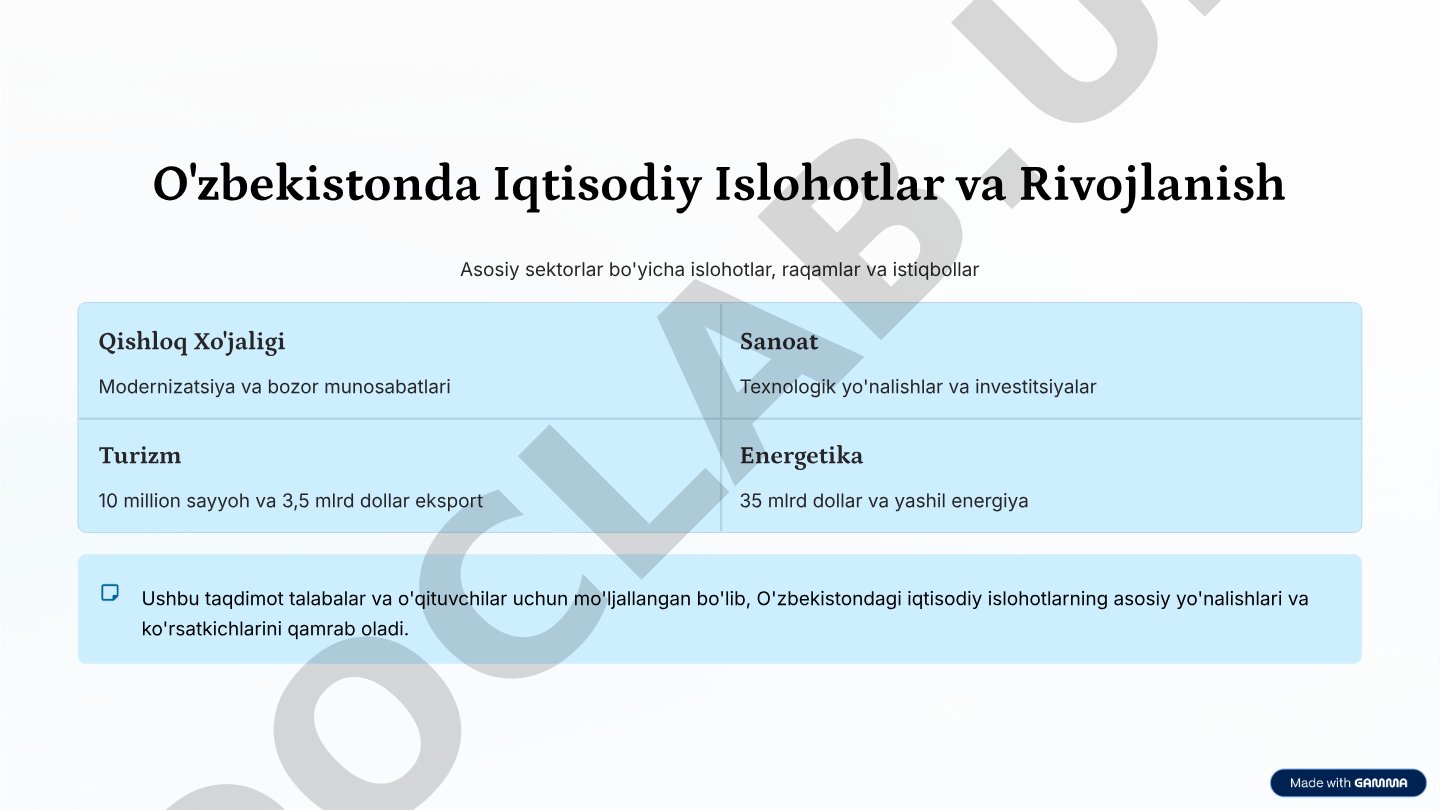 O'zbekistonda Iqtisodiy Islohotlar va Rivojlanish