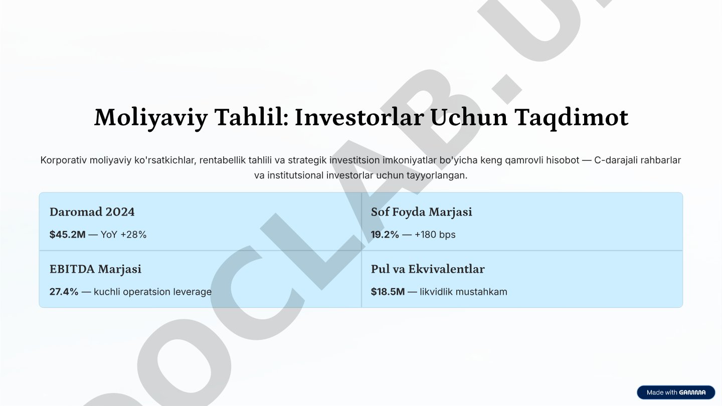 Korporativ moliyaviy ko'rsatkichlar va investitsion imkoniyatlar tahlili