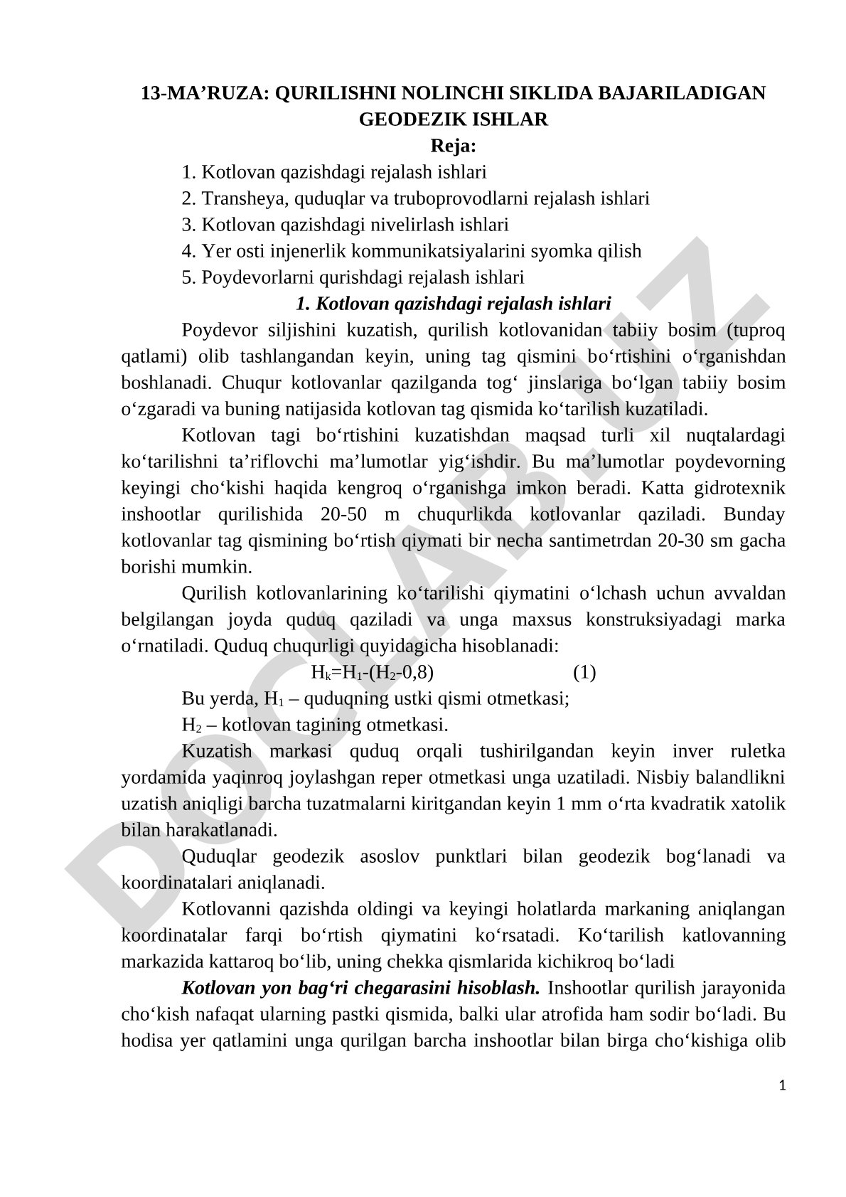 Qurilishni nolinchi siklida bajariladigan geodezik ishlar