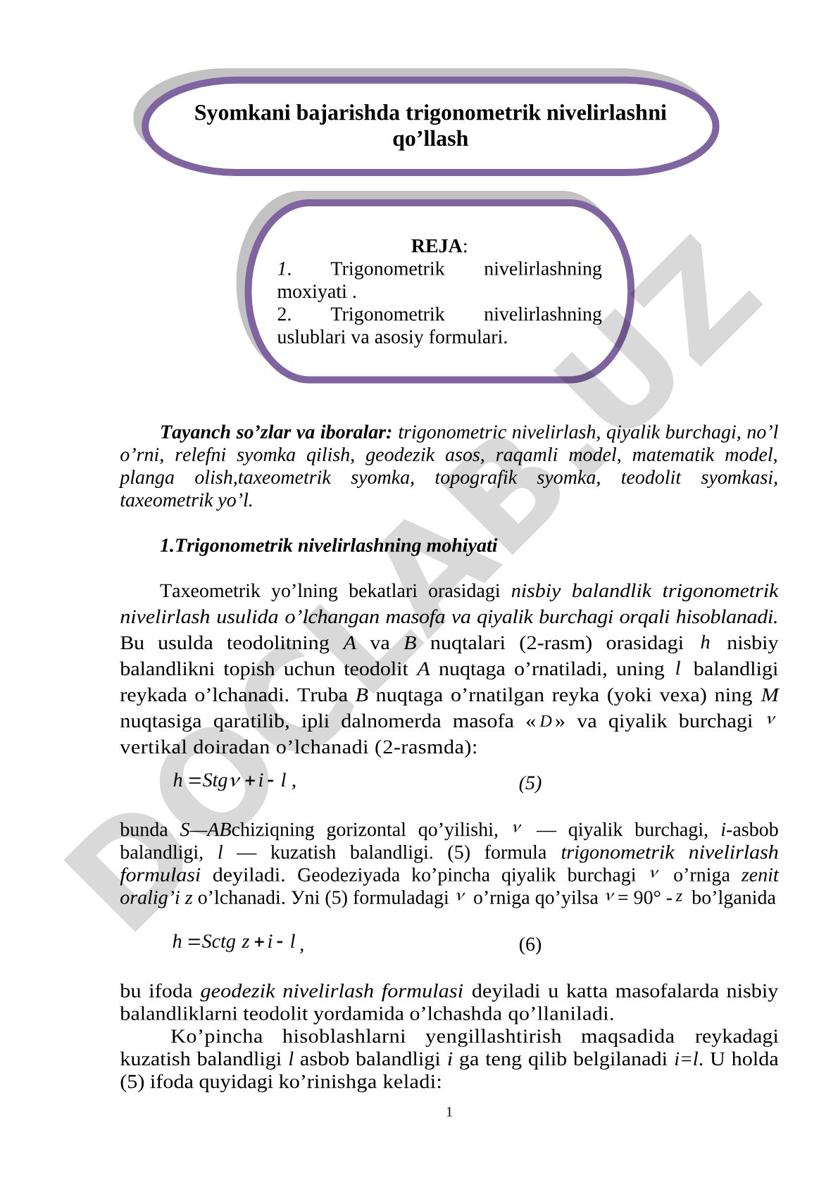 Trigonometrik nivelirlash usulida balandliklar masofa va qiyalik burchagi orqali