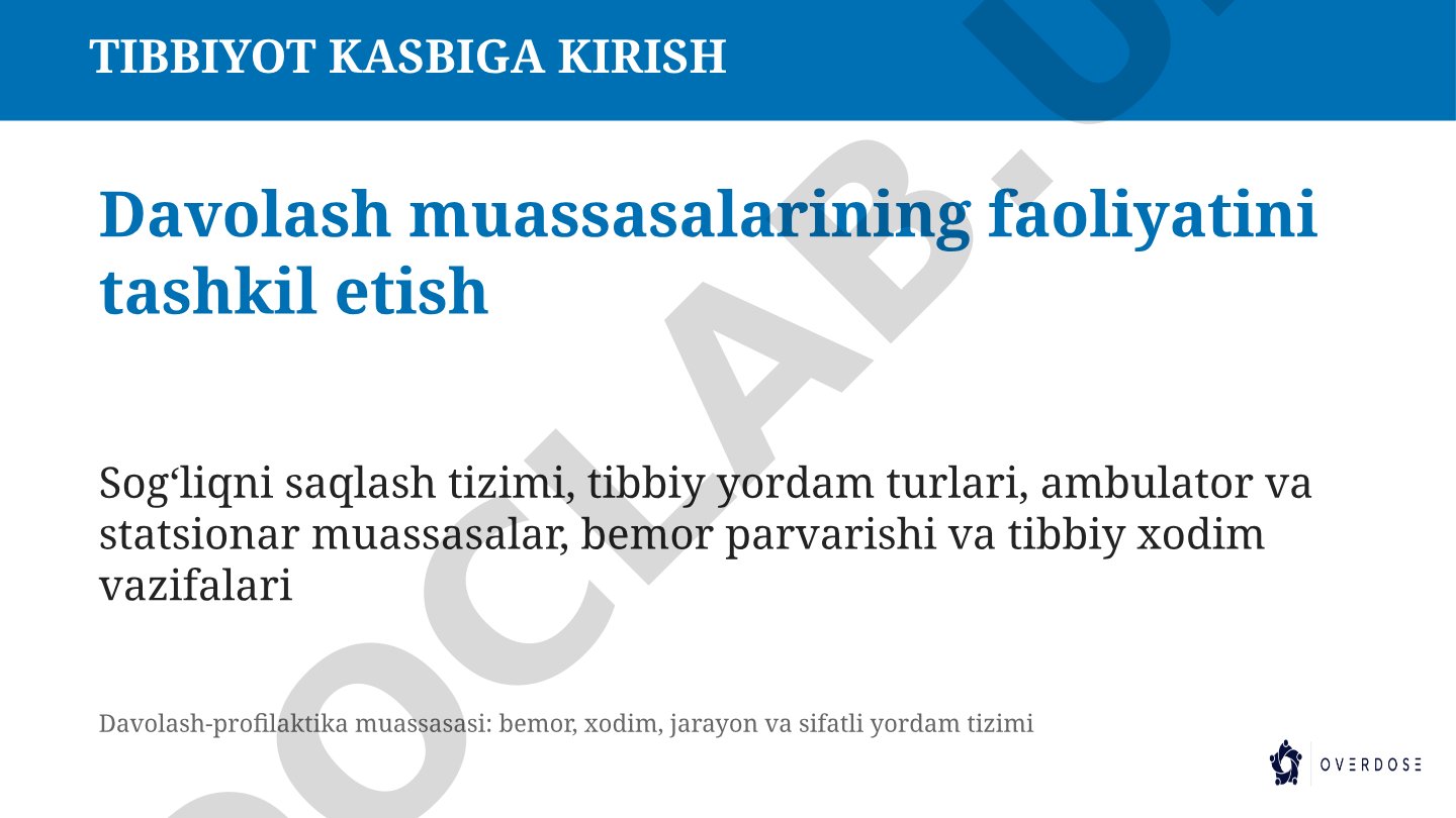 Tibbiyot kasbiga kirish: davolash muassasalarining faoliyatini tashkil etish