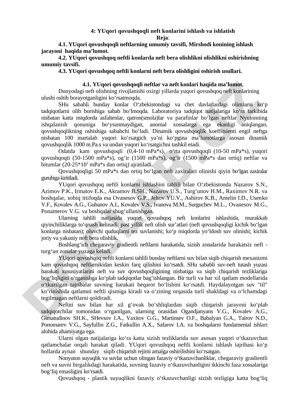 Yuqori qovushqoqli neft konlarini ishlash va ishlatish