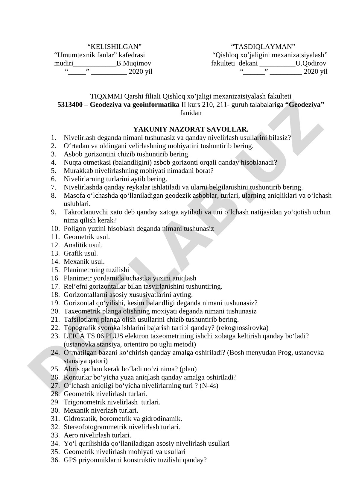 Geodeziya fanidan yakuniy nazorat savollari