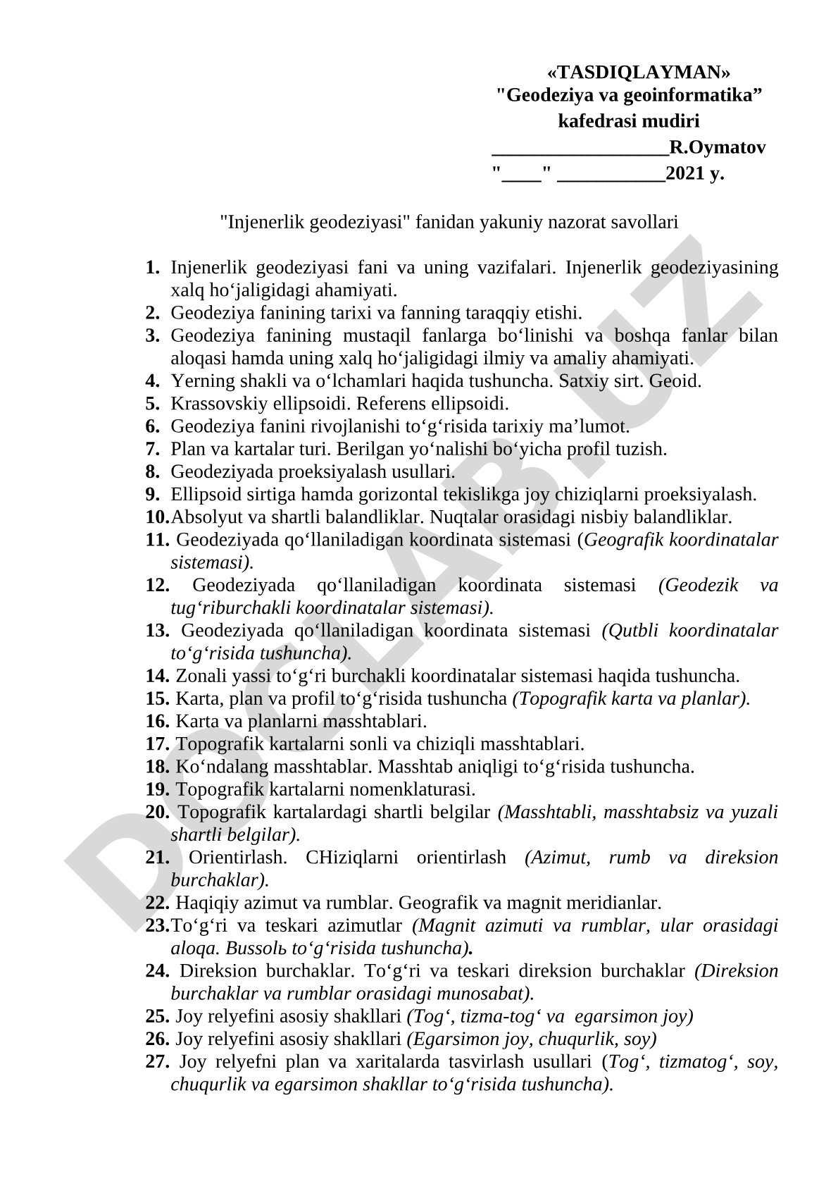 Injenerlik geodeziyasi fanidan yakuniy nazorat savollari
