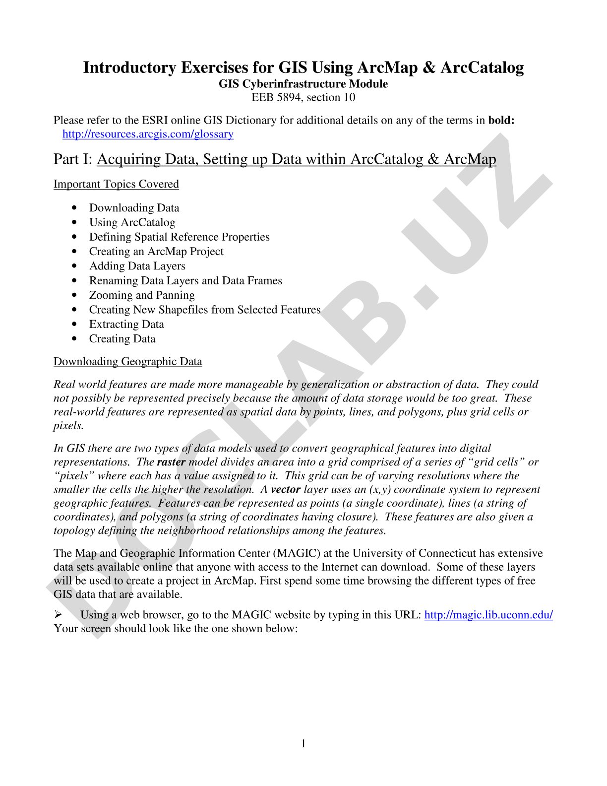Introductory Exercises for GIS Using ArcMap & ArcCatalog
