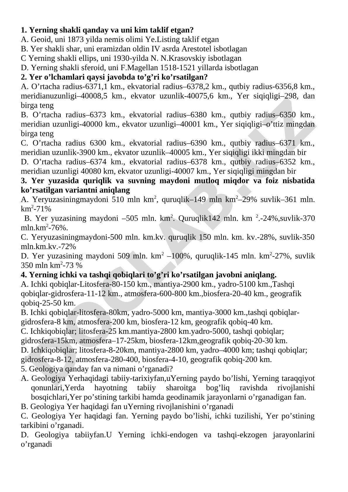 Yer shakli va o'lchamlari bo'yicha test savollari