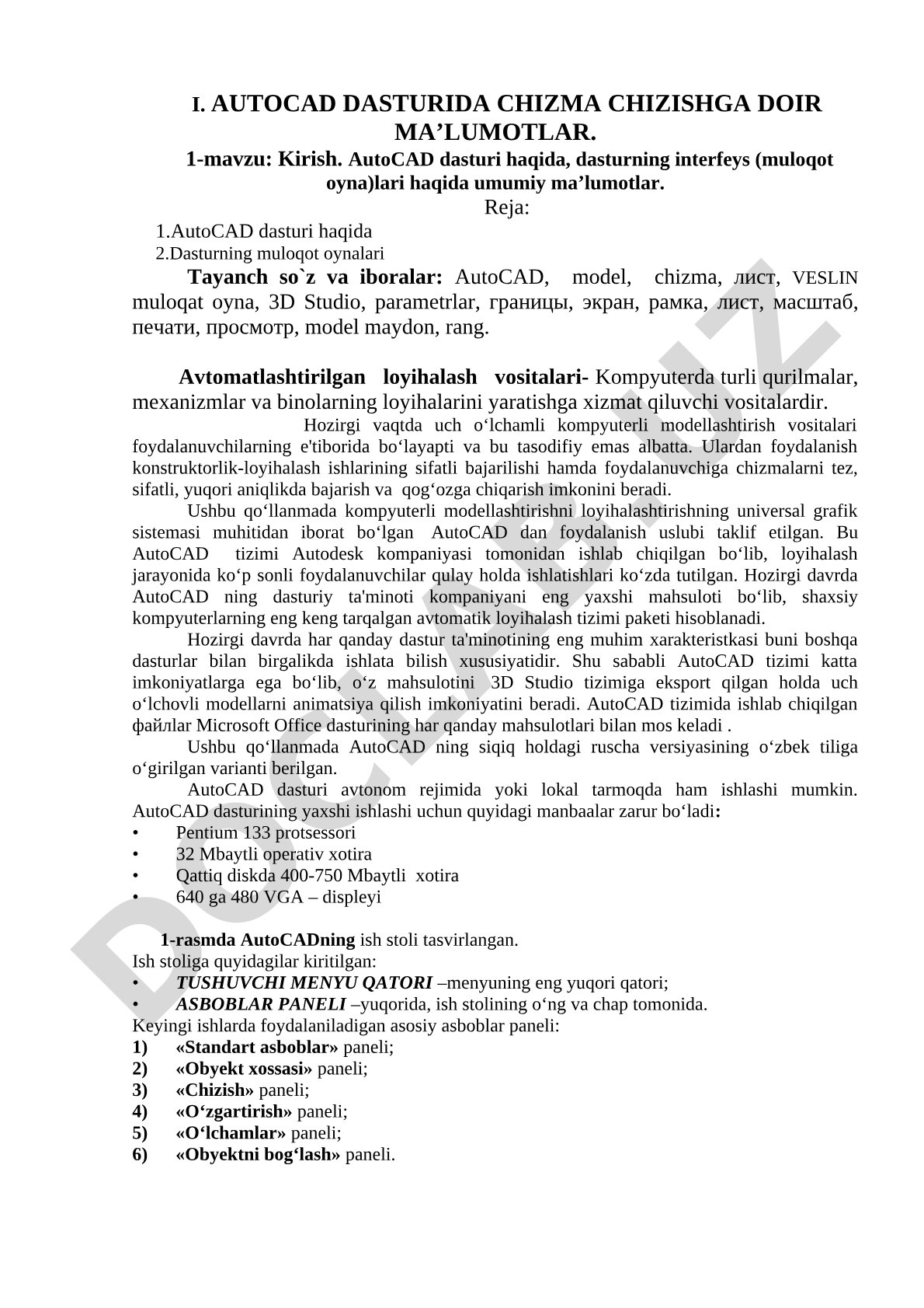 AutoCAD dasturida chizma chizishga doir ma'lumotlar