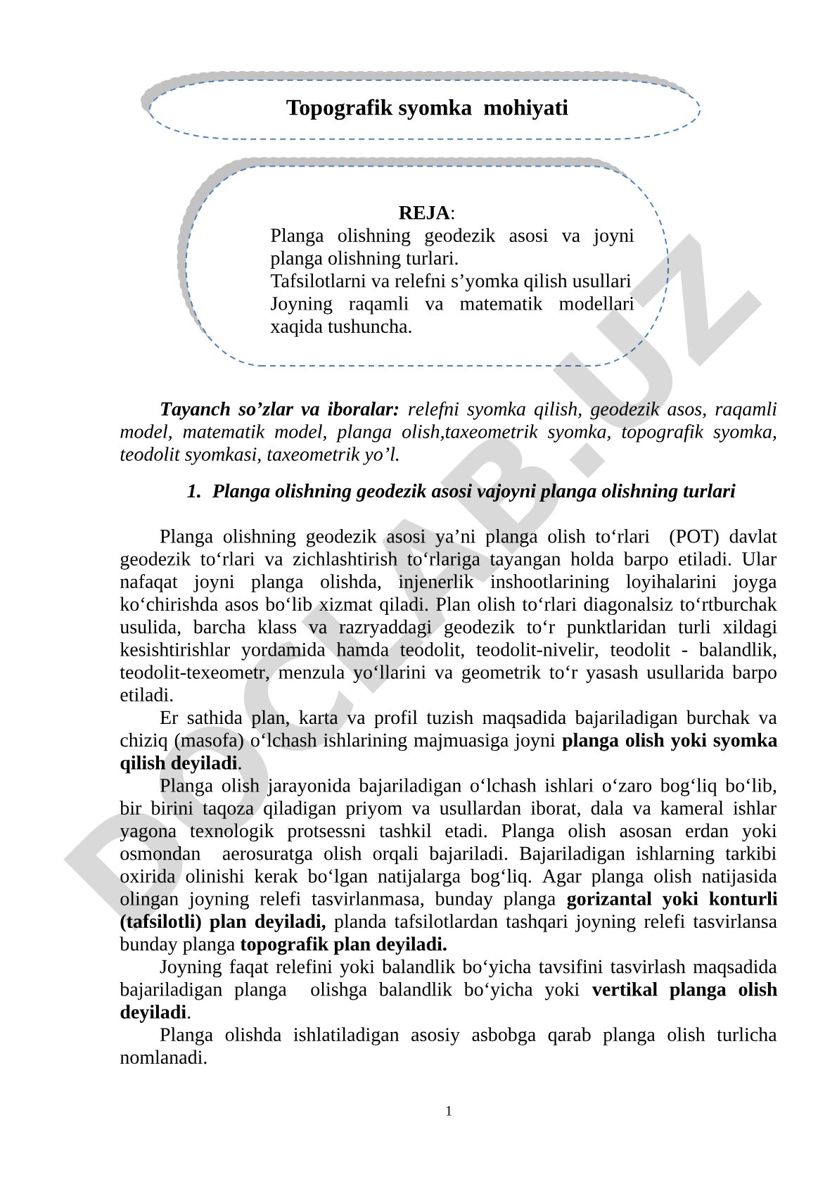 Planga olishning geodezik asosi vajoyni planga olishning turlari